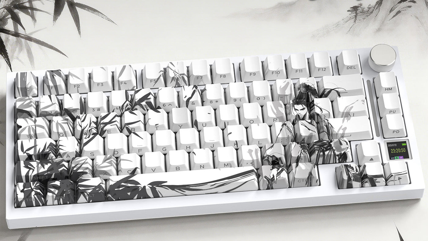 ATTACK SHARK white mechanical gaming keyboard with ink art keycaps, knob, and display