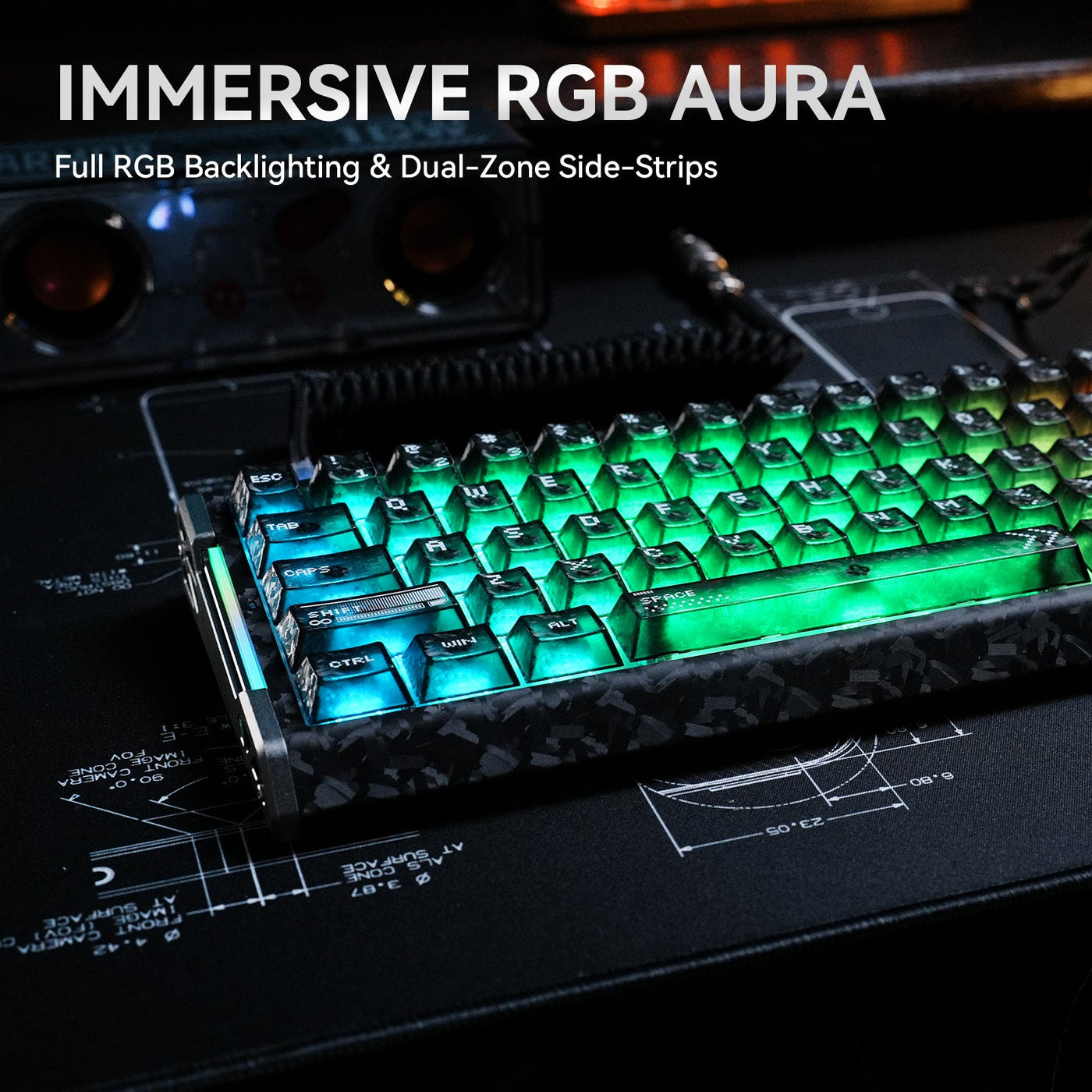 ATTACK SHARK R68 HE Carbon Fiber Wired Rapid Trigger Magnetic Switch Keyboard With C01 Ultra RGB Coiled Cable - ATTACK SHARK R68 HE Carbon Fiber Wired keyboard with dynamic RGB backlighting and dual-zone side strips.