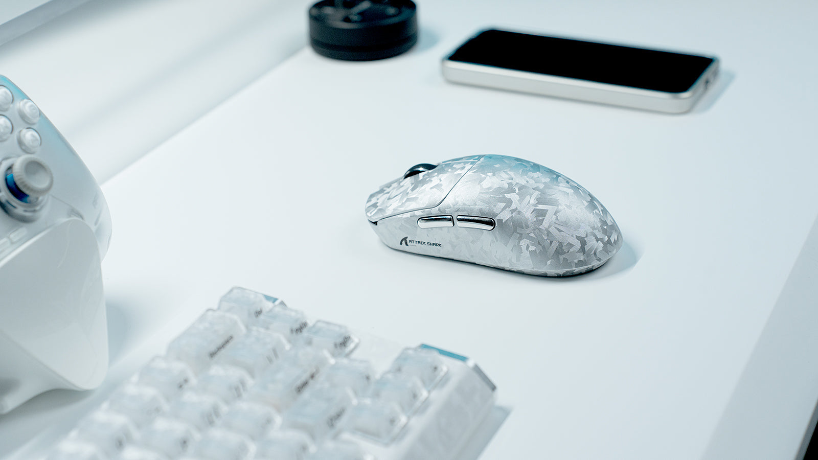ATTACK SHARK RS3 Ultra white carbon fiber wireless gaming mouse on desktop setup
