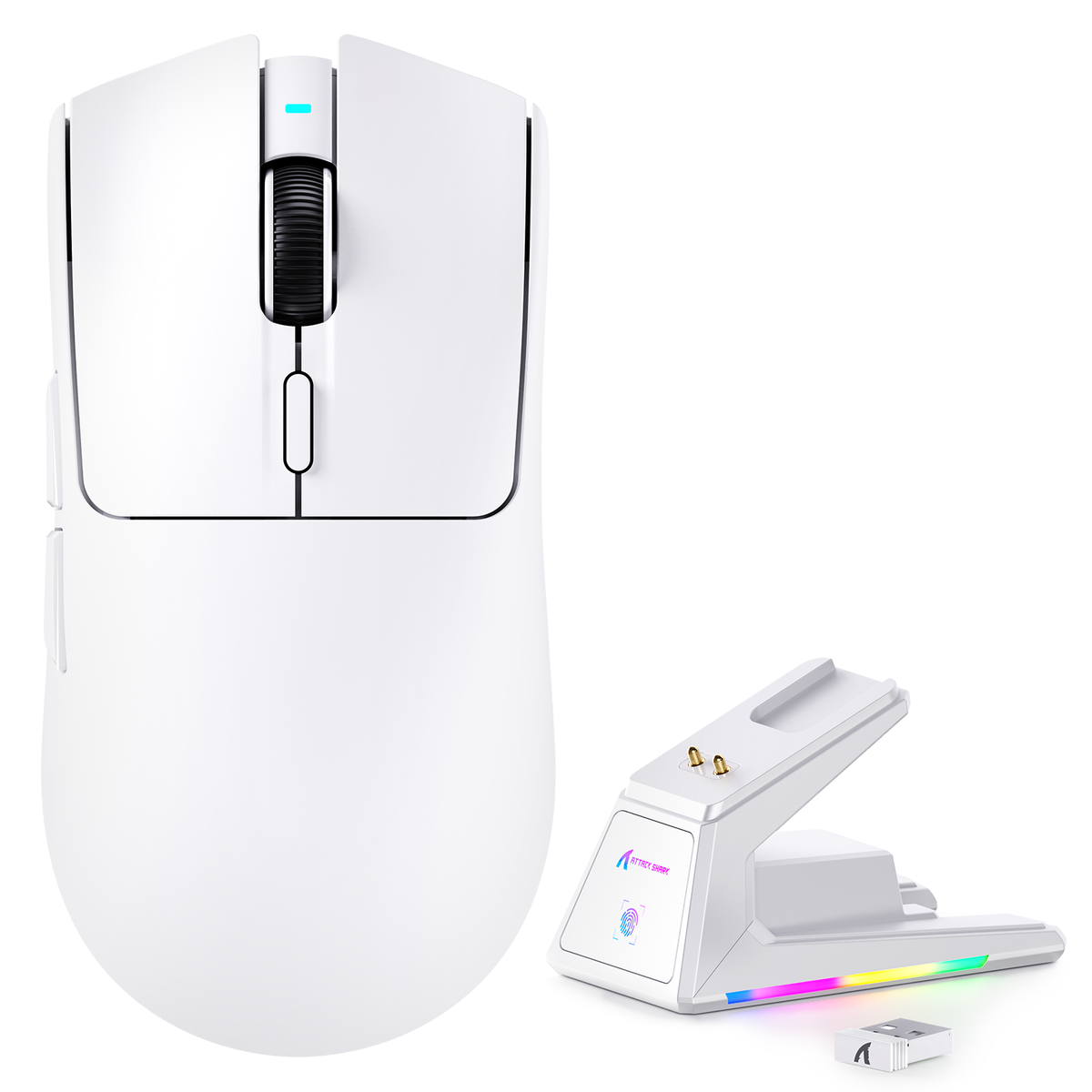 A gaming mouse and charging dock illustrate the optional convenience of dock charging for a fixed desk setup.