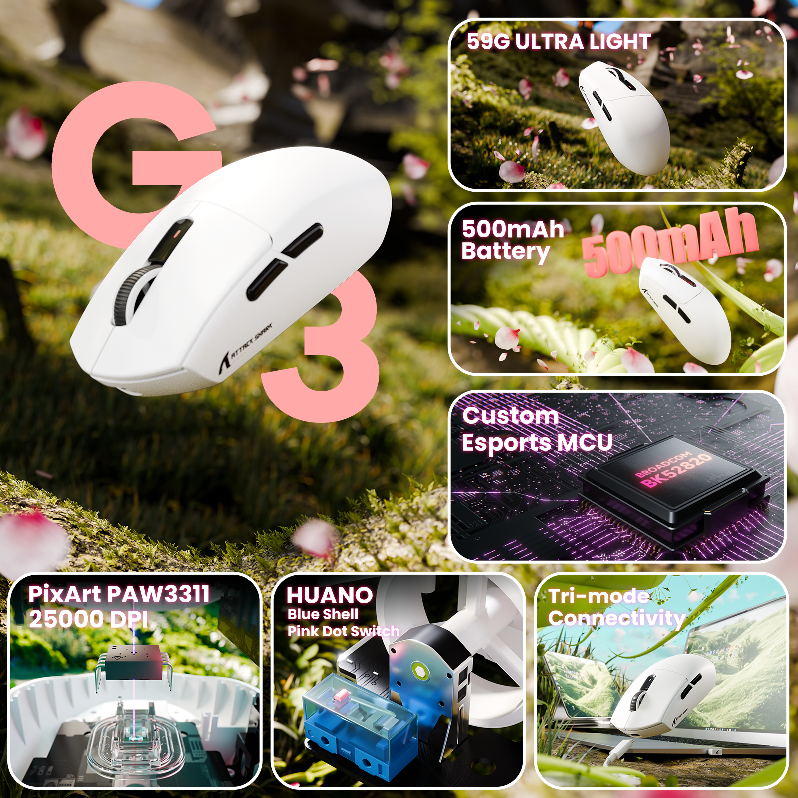 ATTACK SHARK G3 トライモード ワイヤレス ゲーミングマウス 25000 DPI 超軽量