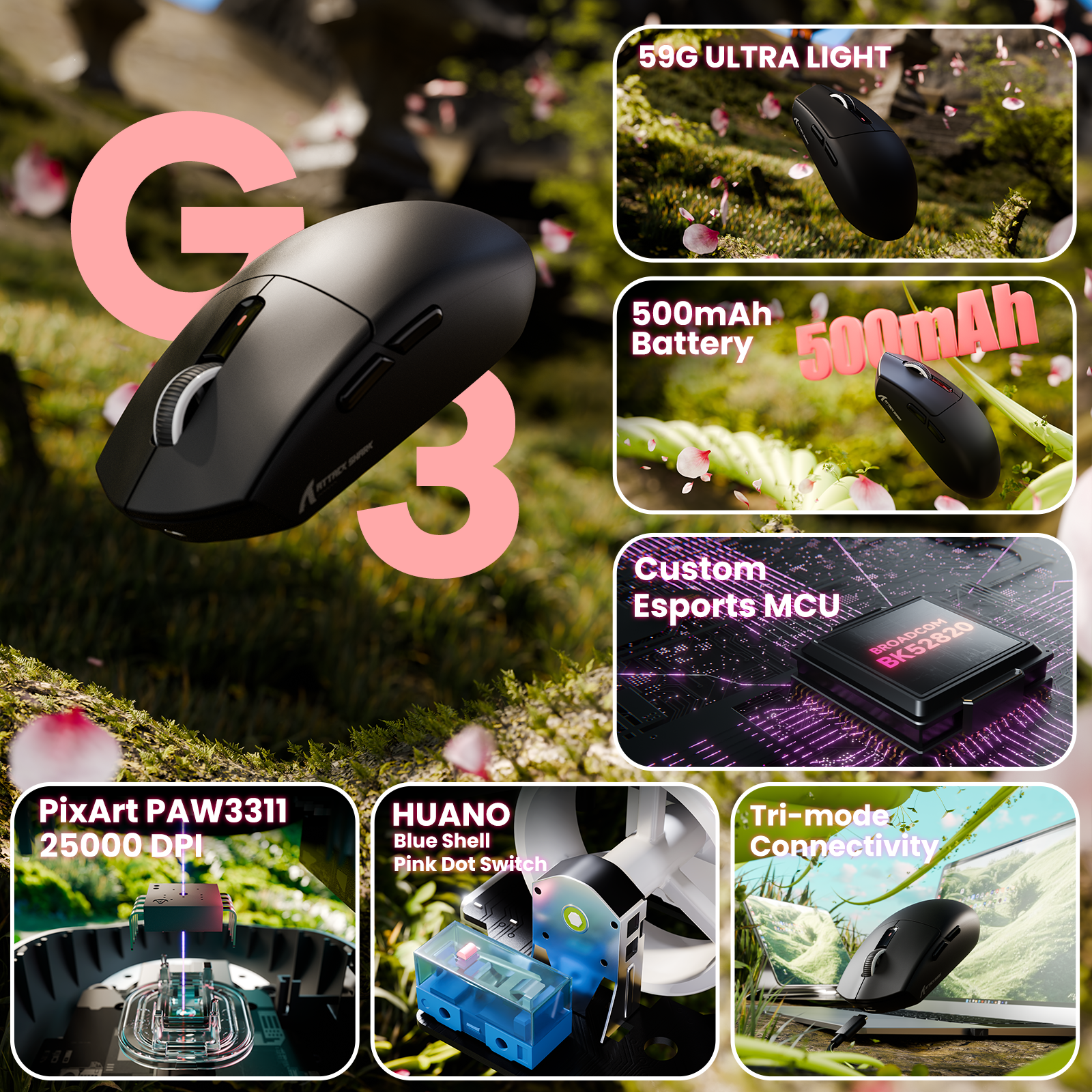 ATTACK SHARK G3 トライモード ワイヤレス ゲーミングマウス 25000 DPI 超軽量