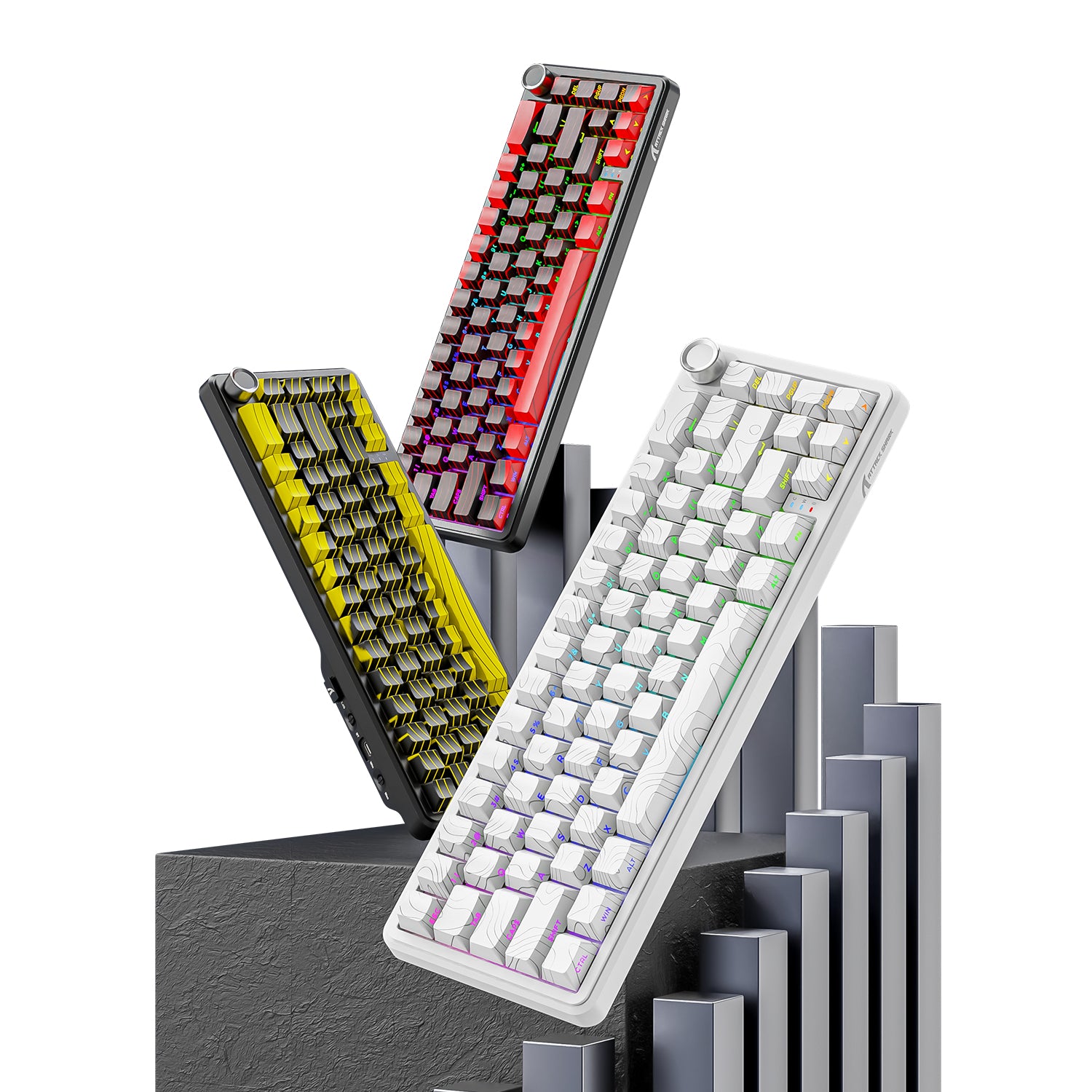 ATTACK SHARK X65PRO HE keyboards showcasing RGB lighting, design, and keycaps in dynamic display