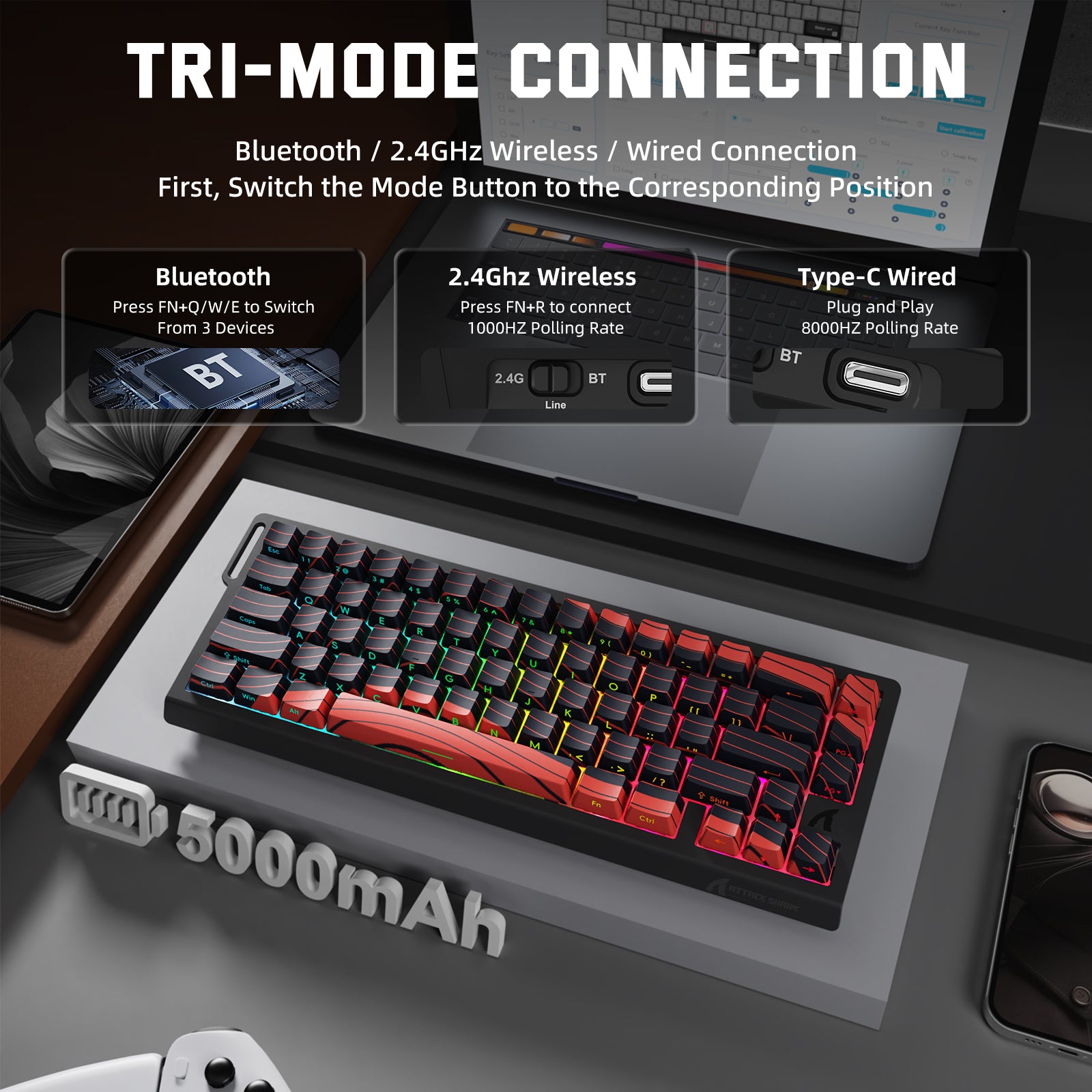 ATTACK SHARK X68PRO HE tri-mode gaming keyboard: Bluetooth, 2.4G, Wired, and 5000mAh battery.
