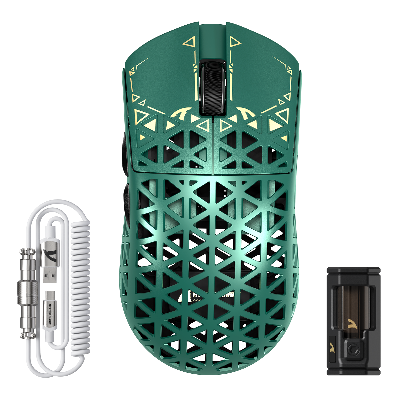 ATTACK SHARK R5 Ultra gaming mouse in teal carbon fiber design, wireless, with coiled cable and receiver.