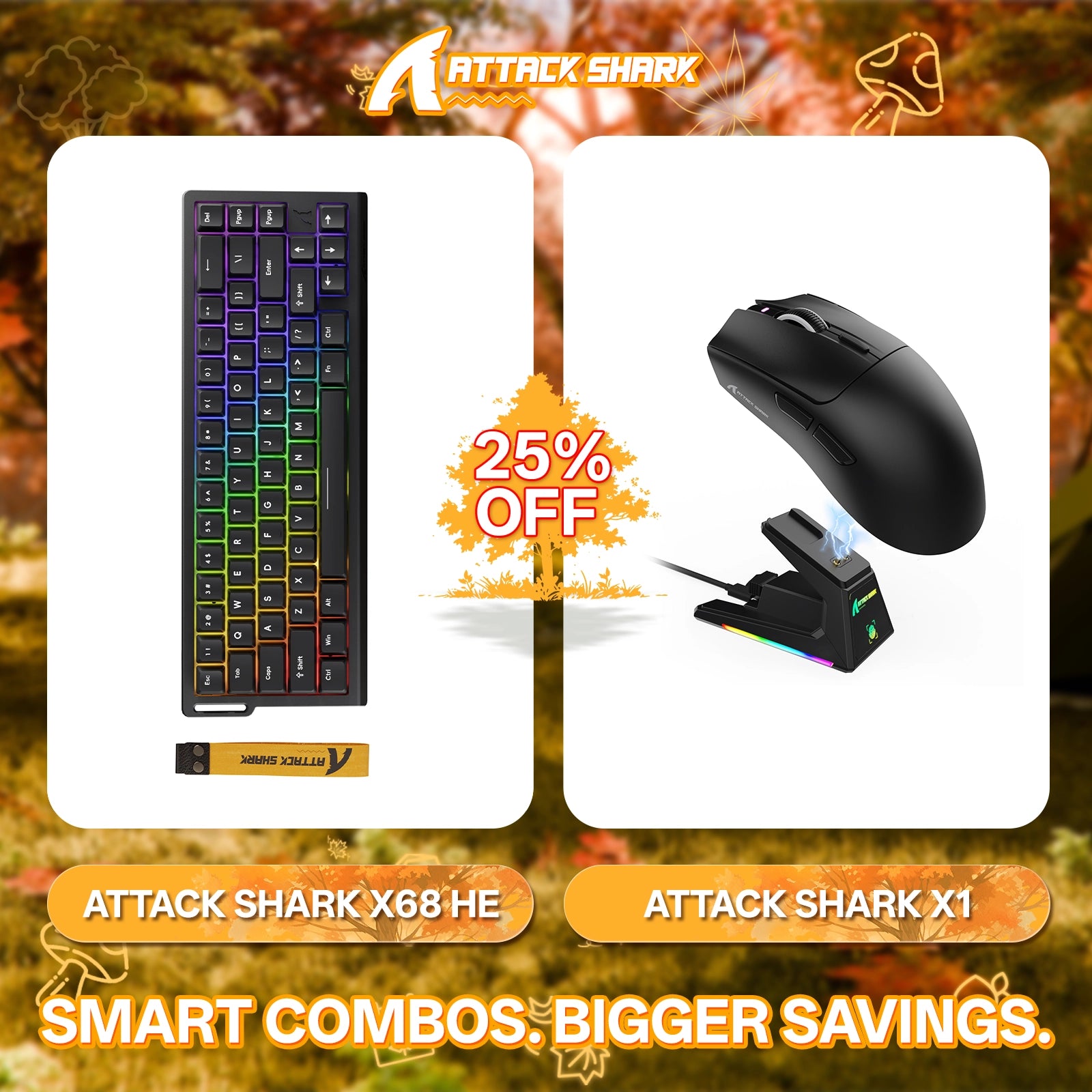 Paquete de teclado de disparo rápido ATTACK SHARK X68HE + ratón inalámbrico para juegos X1