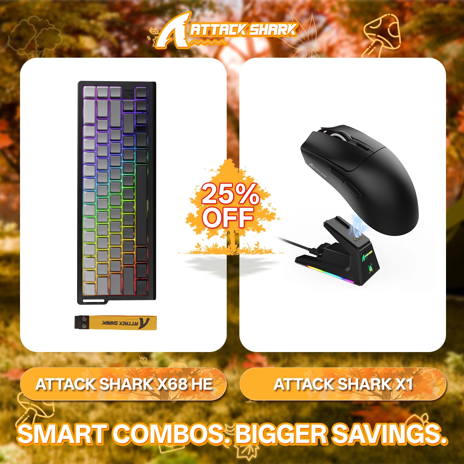 Paquete de teclado de disparo rápido ATTACK SHARK X68HE + ratón inalámbrico para juegos X1