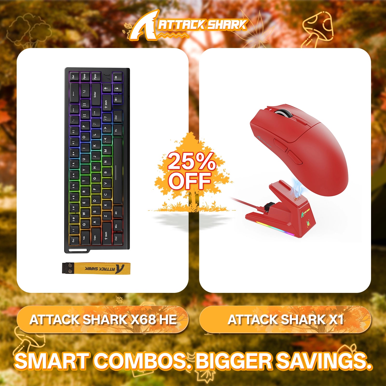 Paquete de teclado de disparo rápido ATTACK SHARK X68HE + ratón inalámbrico para juegos X1