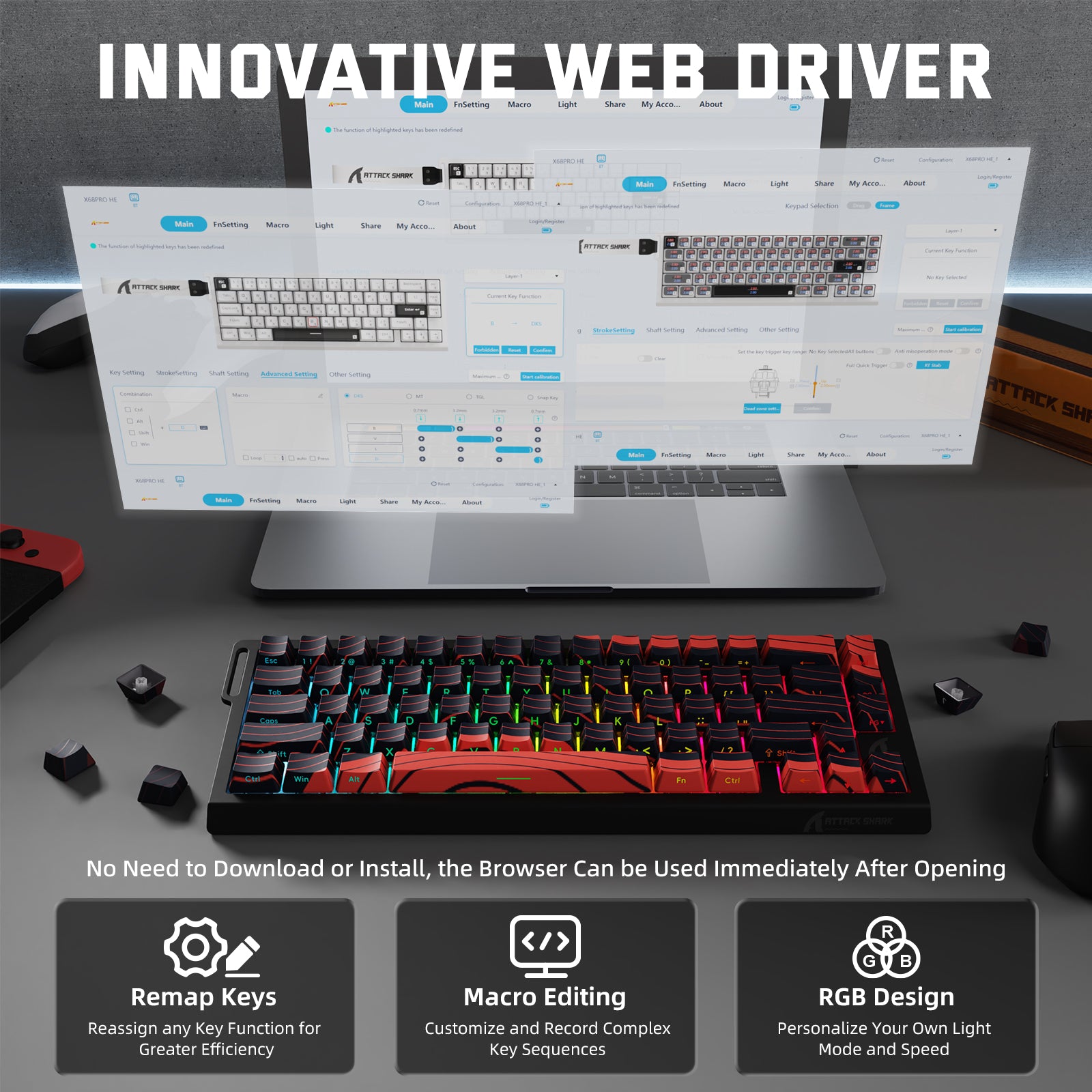 X68PRO HE keyboard with web driver: Remap, Macro, RGB. No Download Needed, ATTACK SHARK gaming keyboard.