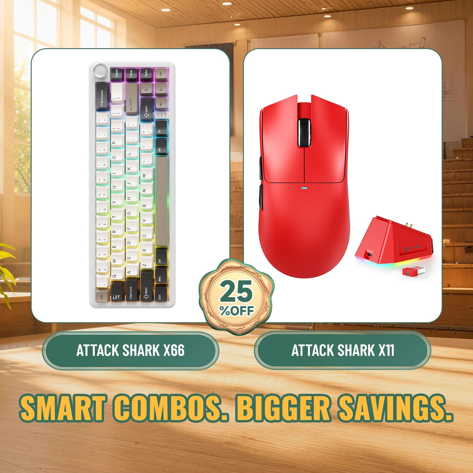 Paquete ATTACK SHARK X66 teclado mecánico inalámbrico + ratón para juegos inalámbrico X11