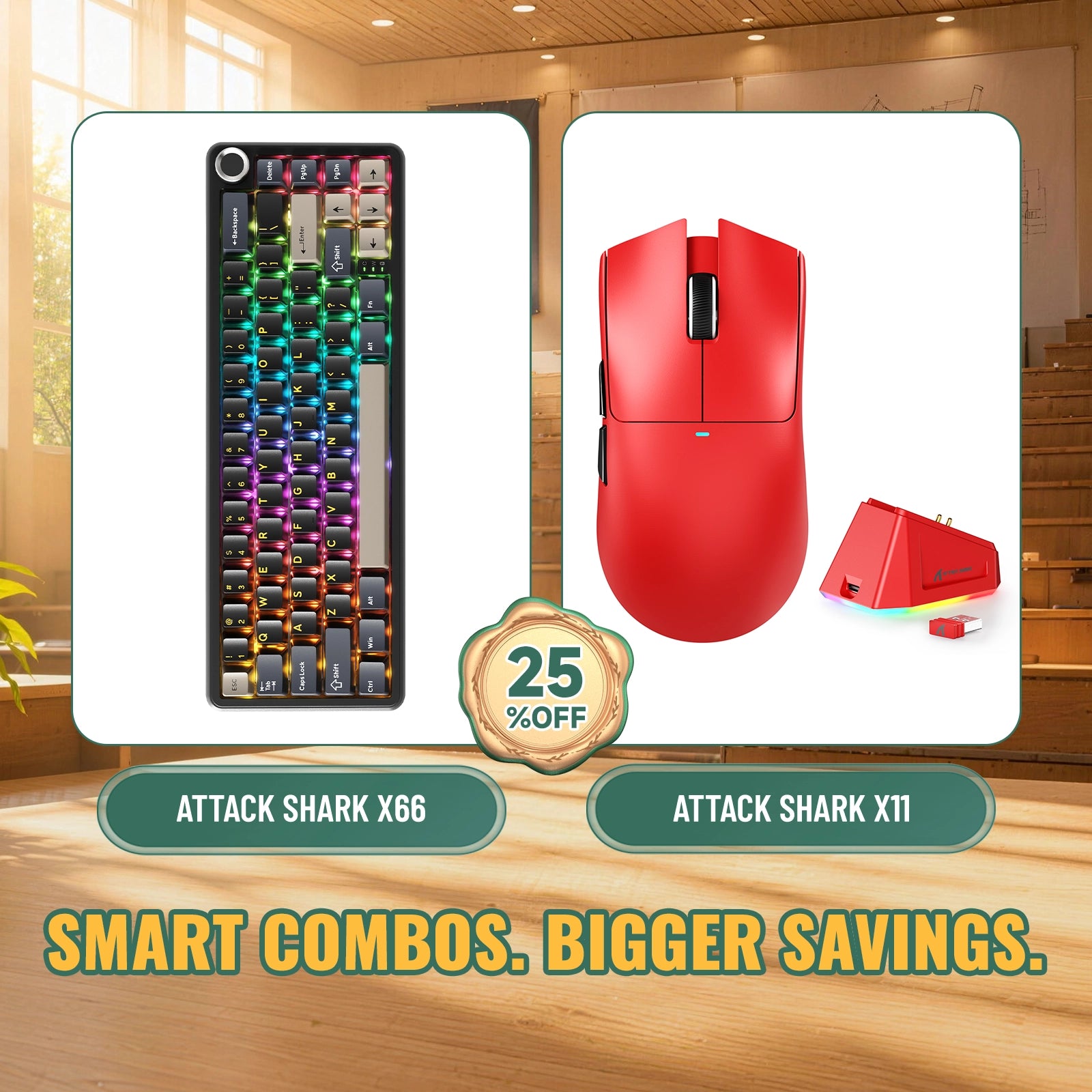 Paquete ATTACK SHARK X66 teclado mecánico inalámbrico + ratón para juegos inalámbrico X11