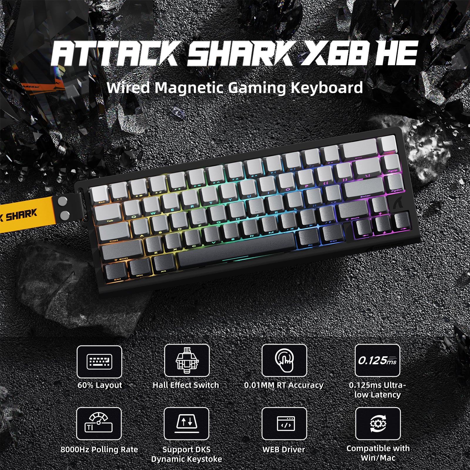 ATTACK SHARK X68 HE Magnetic Gaming Keyboard, Black, 60% Layout with RGB Backlighting, 0.125ms Latency
