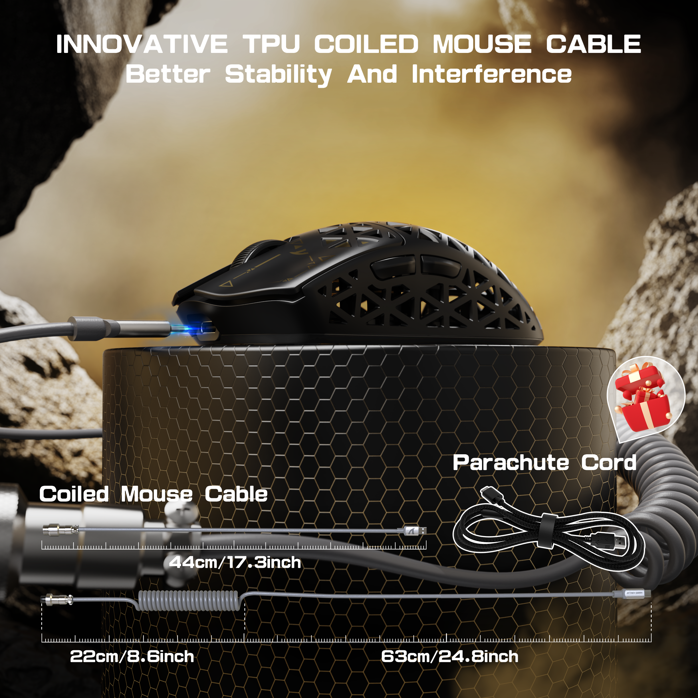 ATTACK SHARK R5 Ultra gaming mouse with coiled cable and parachute cord, demonstrating cable length and stability.