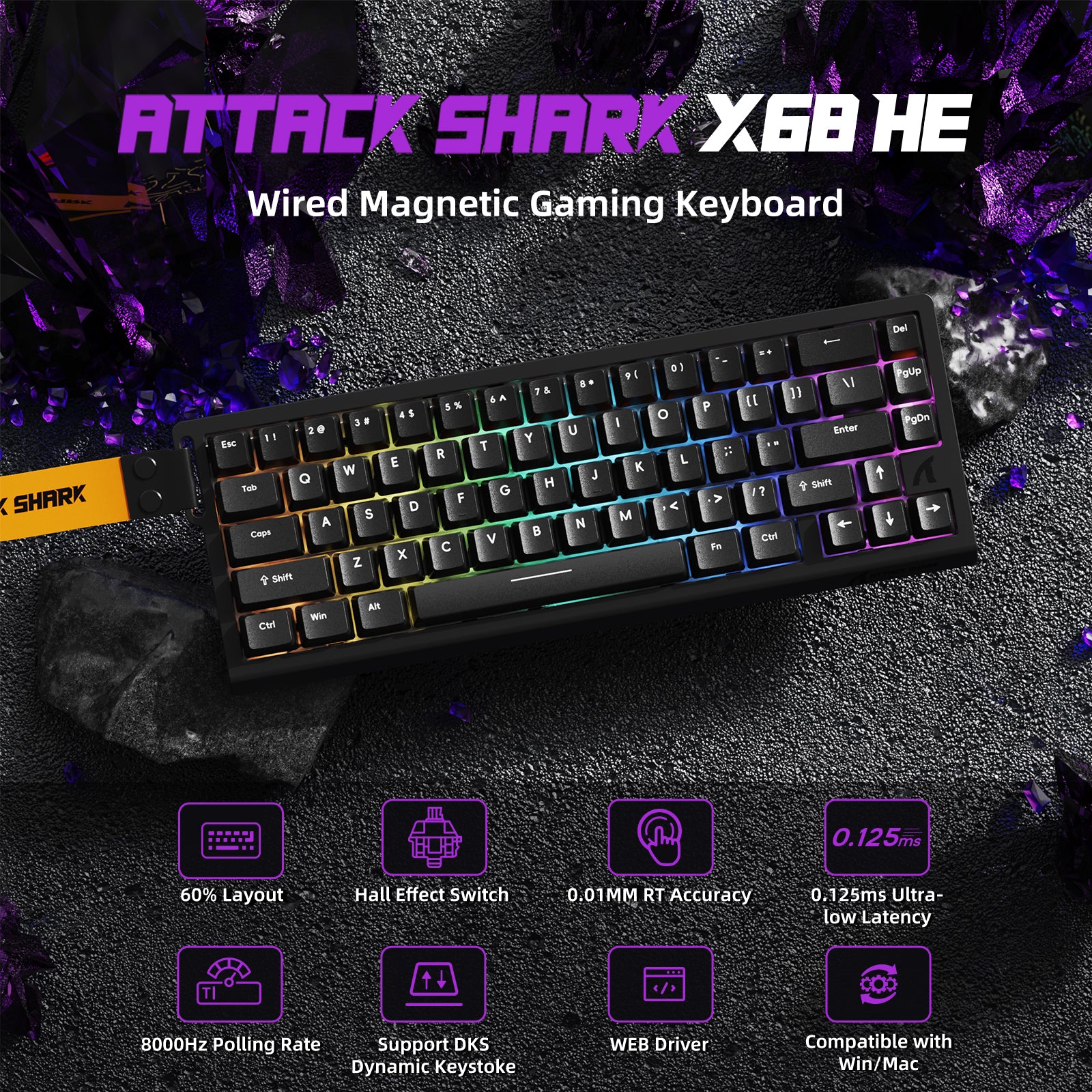 ATTACK SHARK X68HE wired magnetic gaming keyboard, black with RGB, 60% layout for competitive gaming