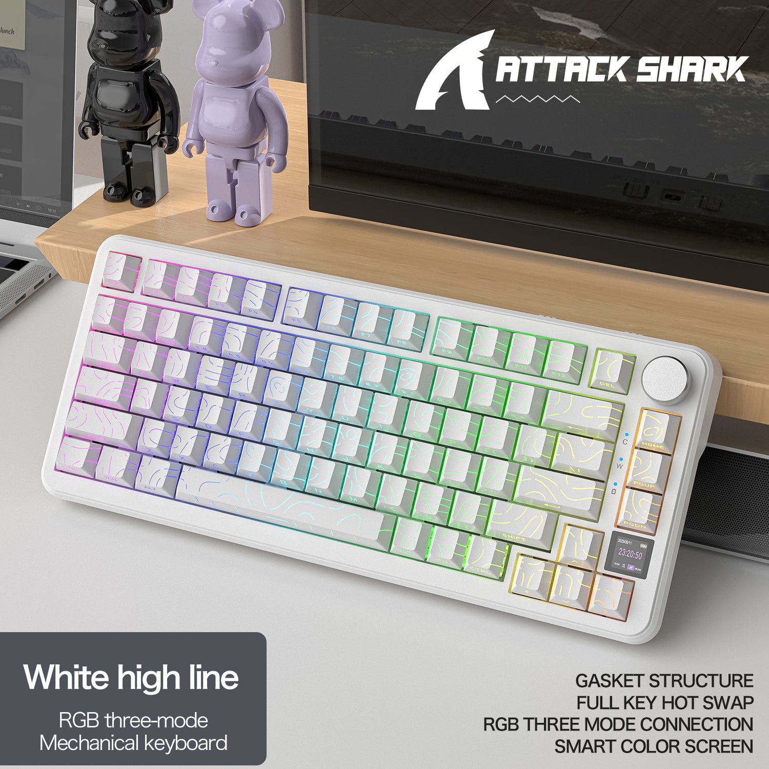 ATTACK SHARK X85PRO white mechanical keyboard with RGB lighting, smart display, and knob design, three-mode connection