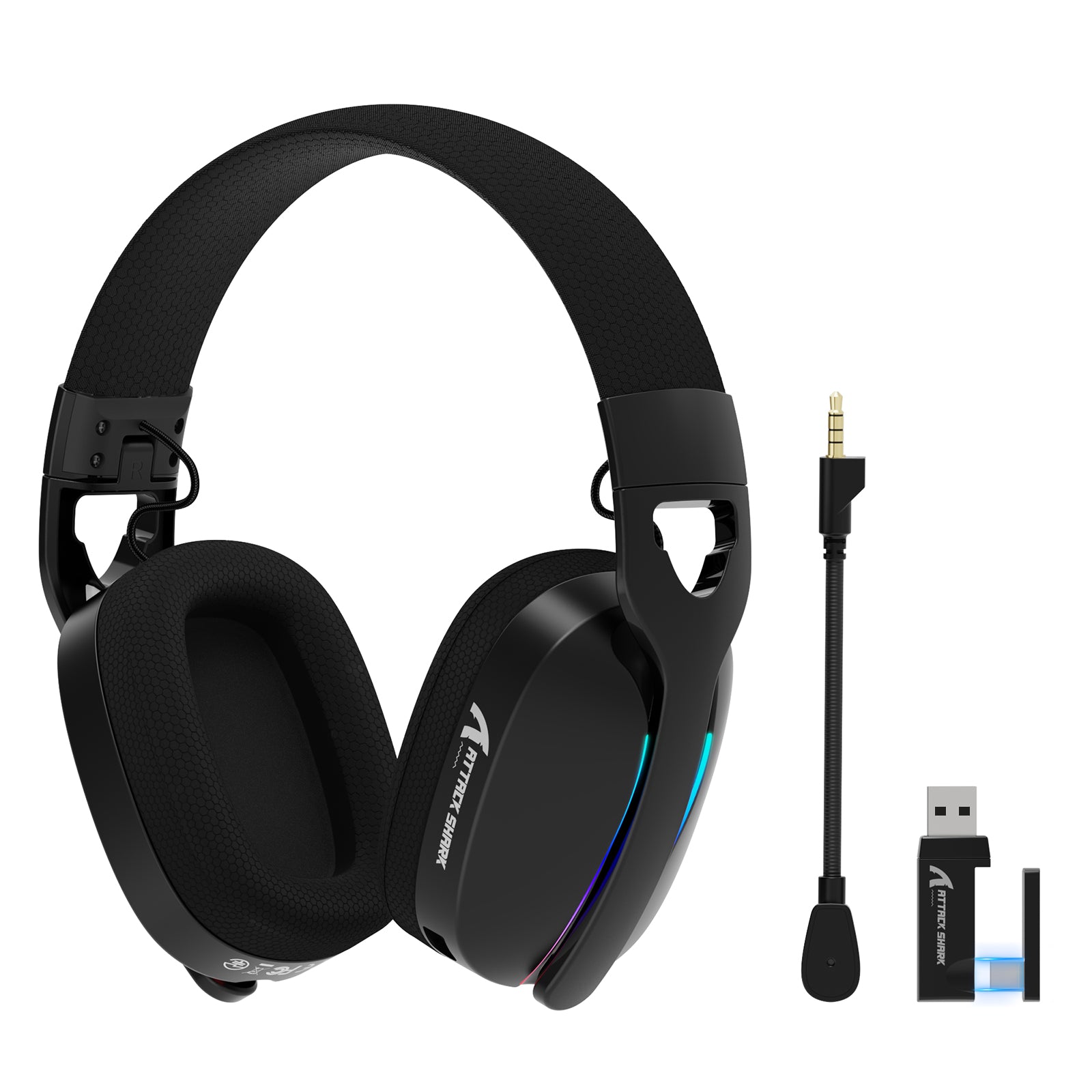 ATTACK SHARK L90 Foldable RGB Gaming Headset, black, with detachable mic and USB dongle