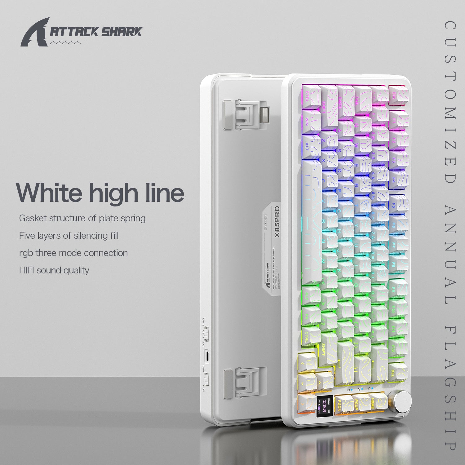 ATTACK SHARK X85PRO white mechanical keyboard, RGB, gasket, smart display, Customized Annual Flagship.