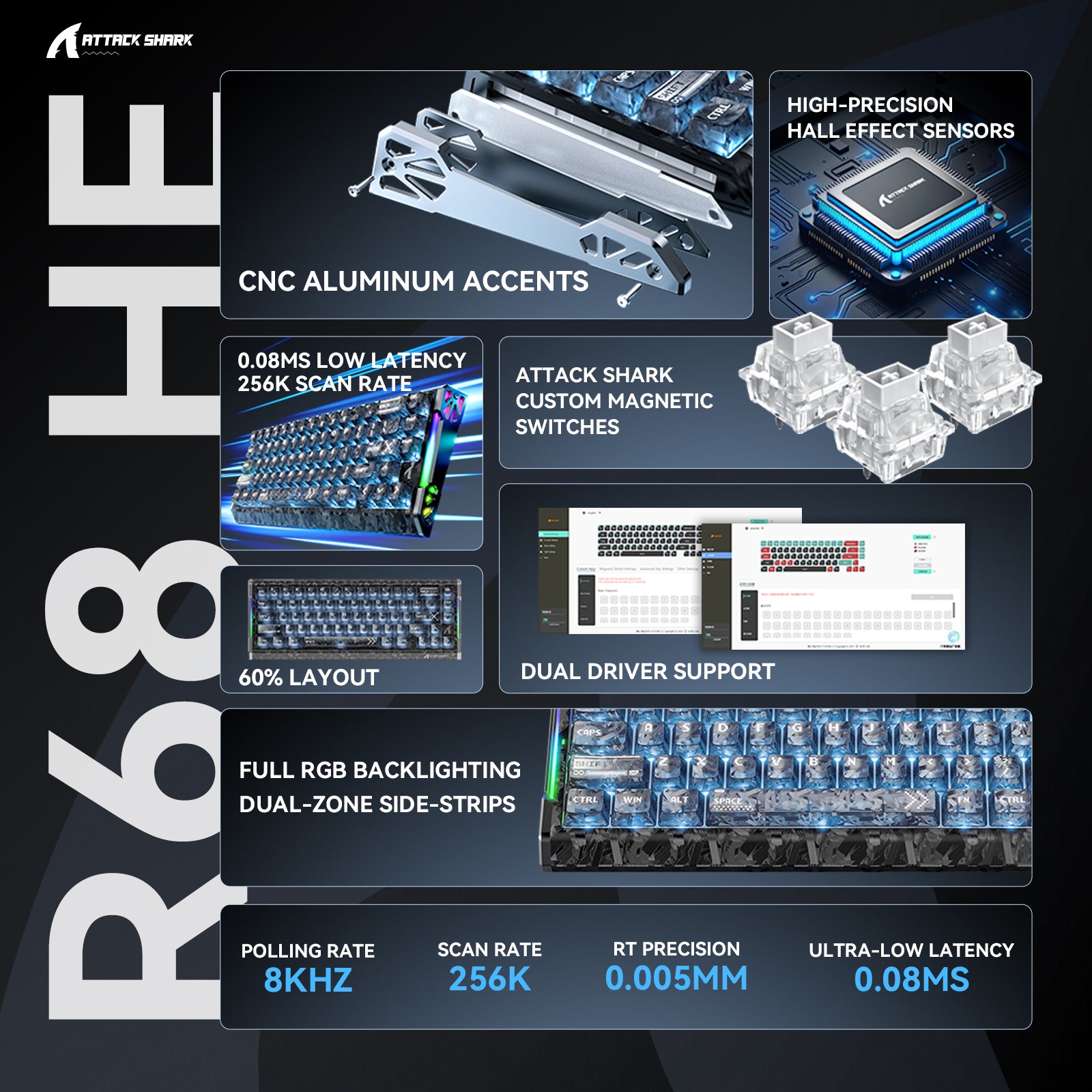 ATTACK SHARK R68 HE Carbon Fiber Rapid Trigger Keyboard Magnetic Switch