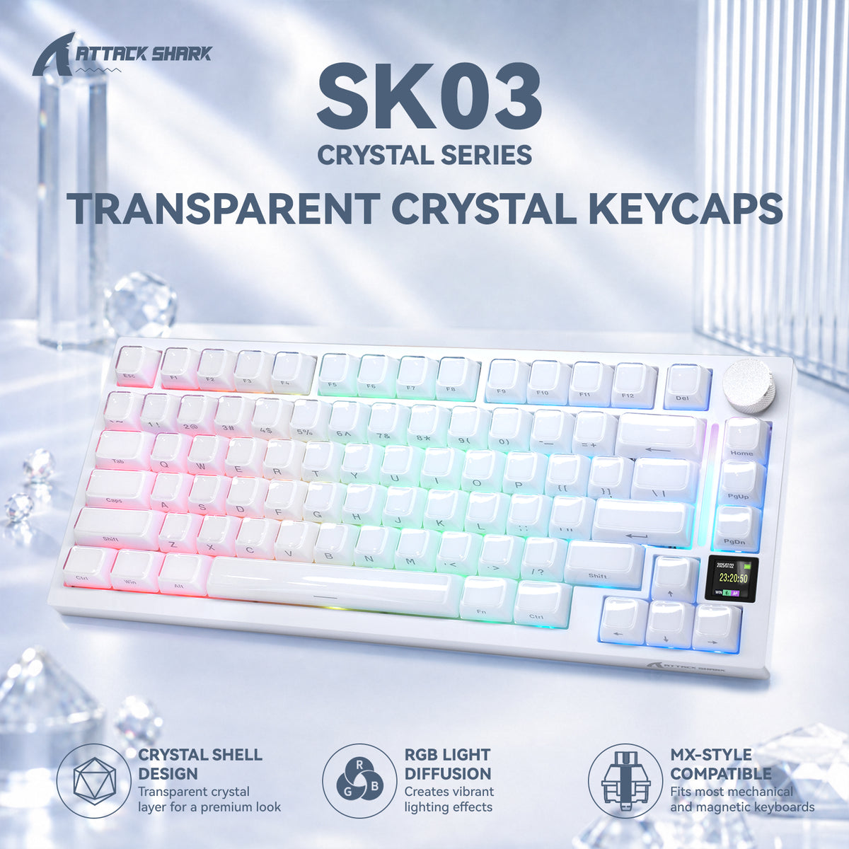 ATTACK SHARK SK03, 136 touches, touches en cristal, profil ASA, ANSI/ISO