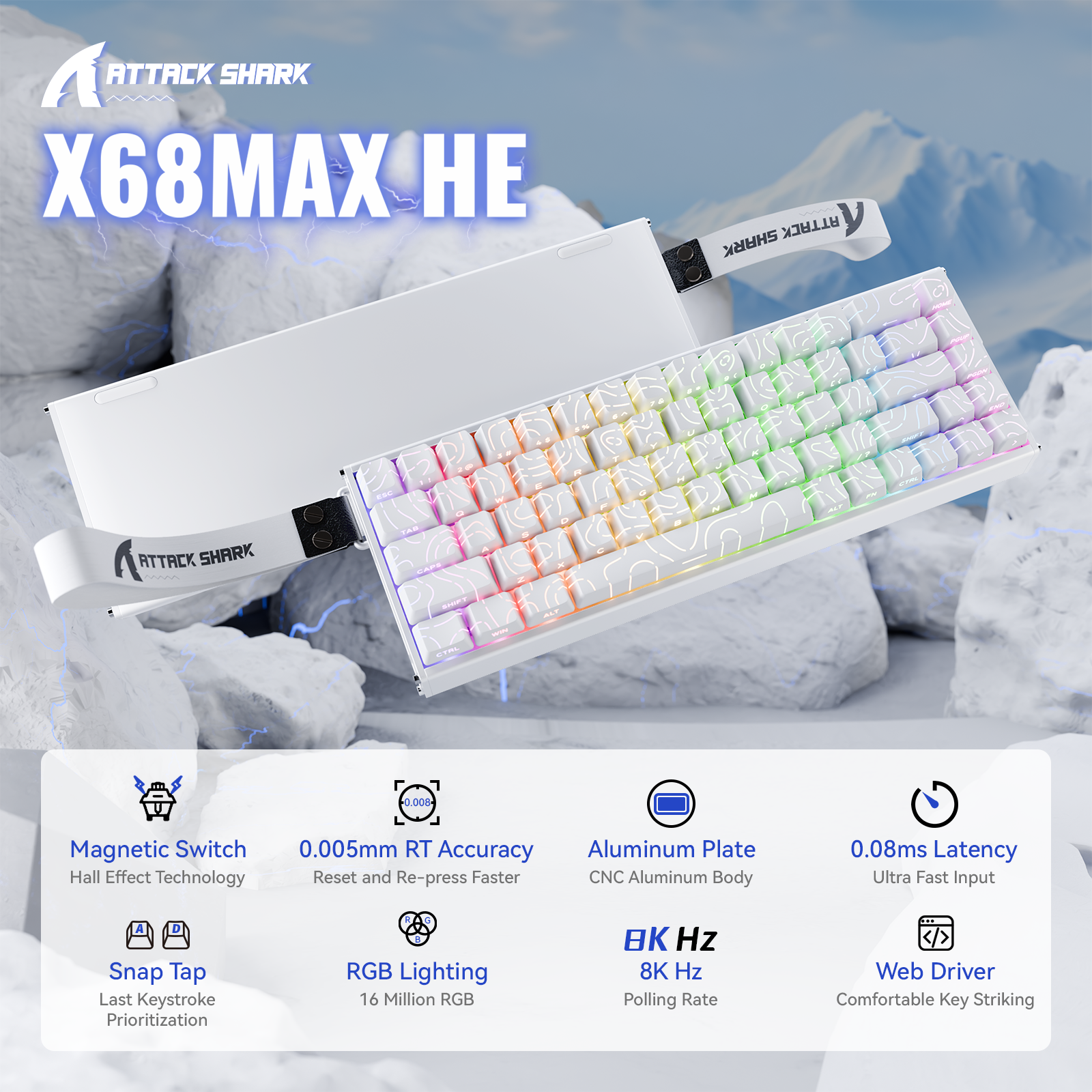 ATTACK SHARK X68MAX HE white mechanical keyboard with magnetic switch, RGB and rapid trigger.