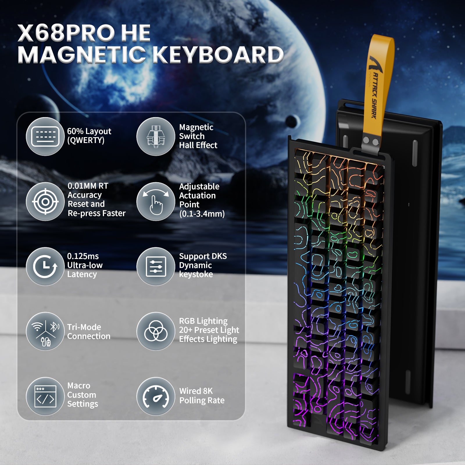 ATTACK SHARK X68PRO HE Kabellose Rapid Trigger-Tastatur mit Spiralkabel