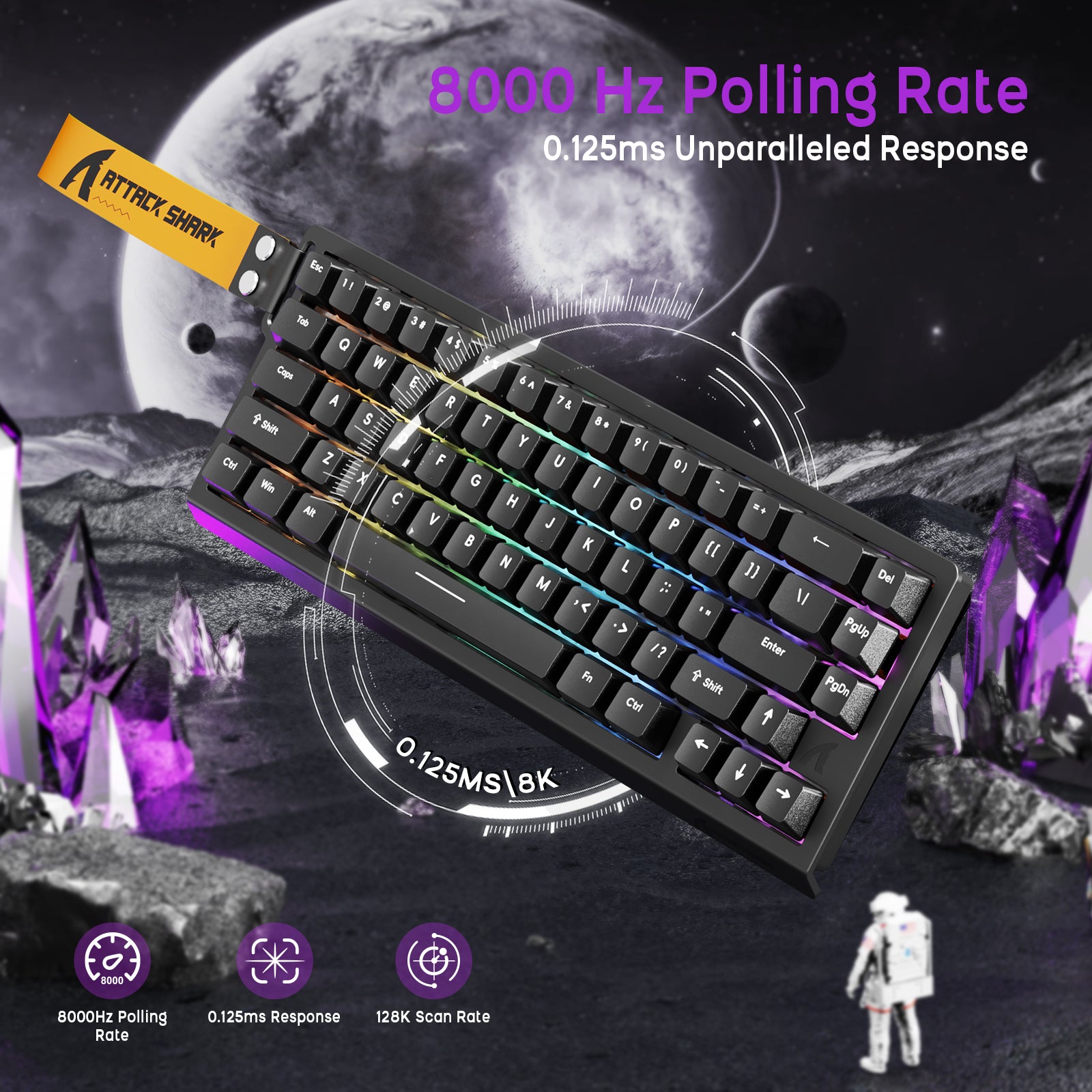 ATTACK SHARK X68HE magnetic gaming keyboard, black, 60% layout, 8000Hz polling rate, 0.125ms response, RGB backlighting