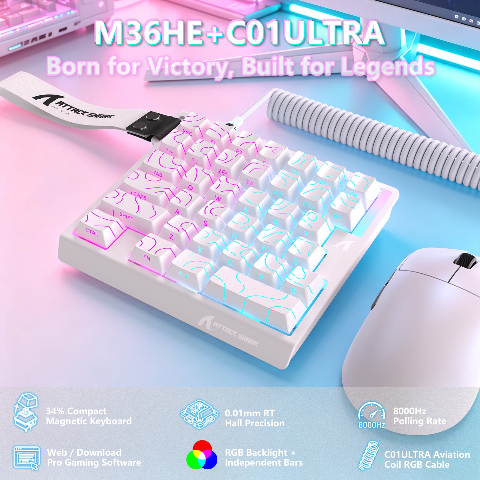 ATTACK SHARK M36 HE Einhändiges Tastatur mit Magnetischem Schalter & C01 ULTRA LED Aviator Kabel