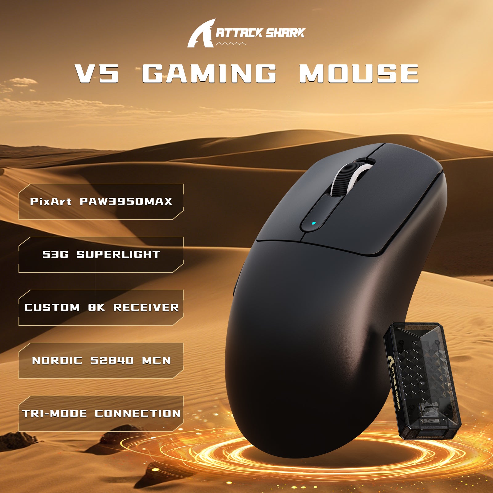 ATTACK SHARK V5 8KHz Wireless PAW3950MAX Gaming-Maus mit C06 Ultra-Kabel