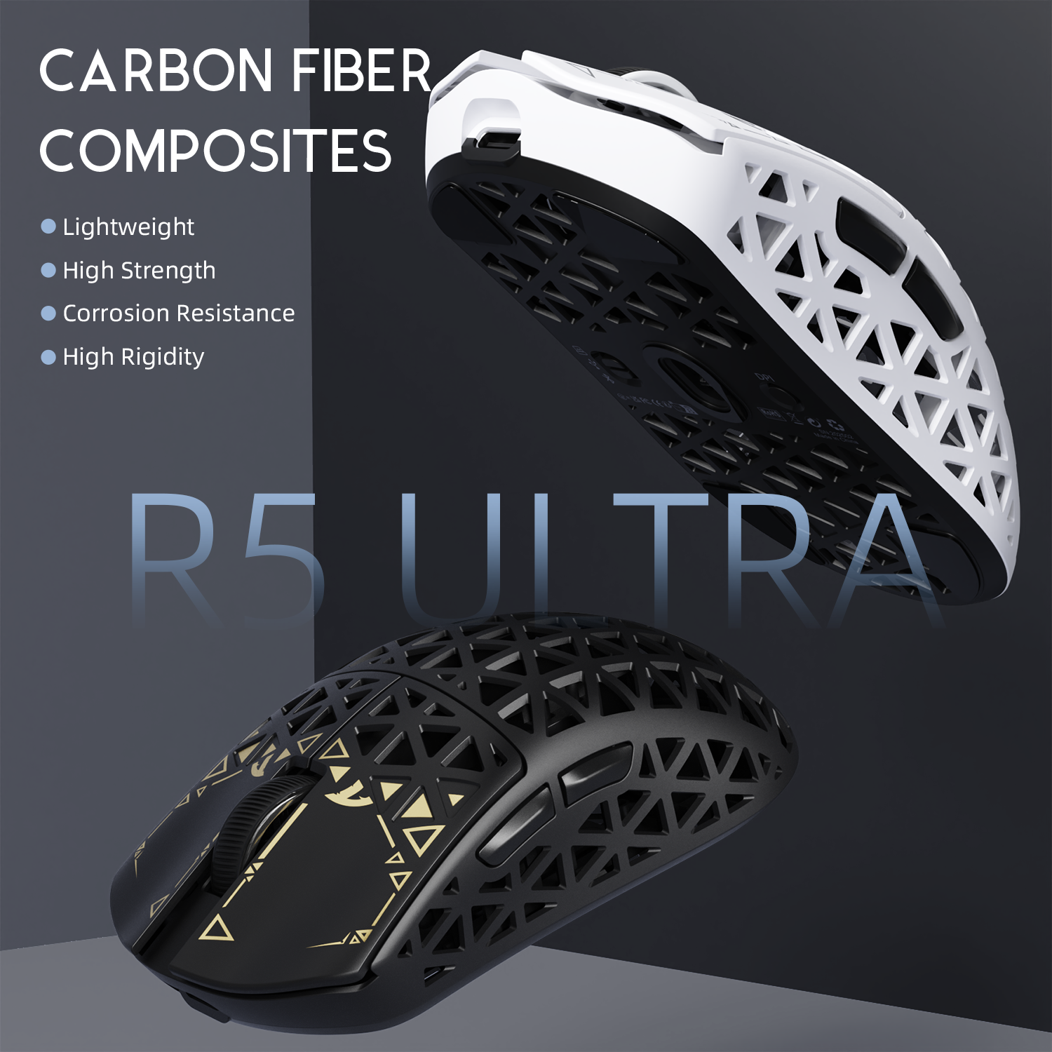 Souris de jeu sans fil ATTACK SHARK R5 Ultra en fibre de carbone 8K PAW3950MAX avec câble spiralé 8K