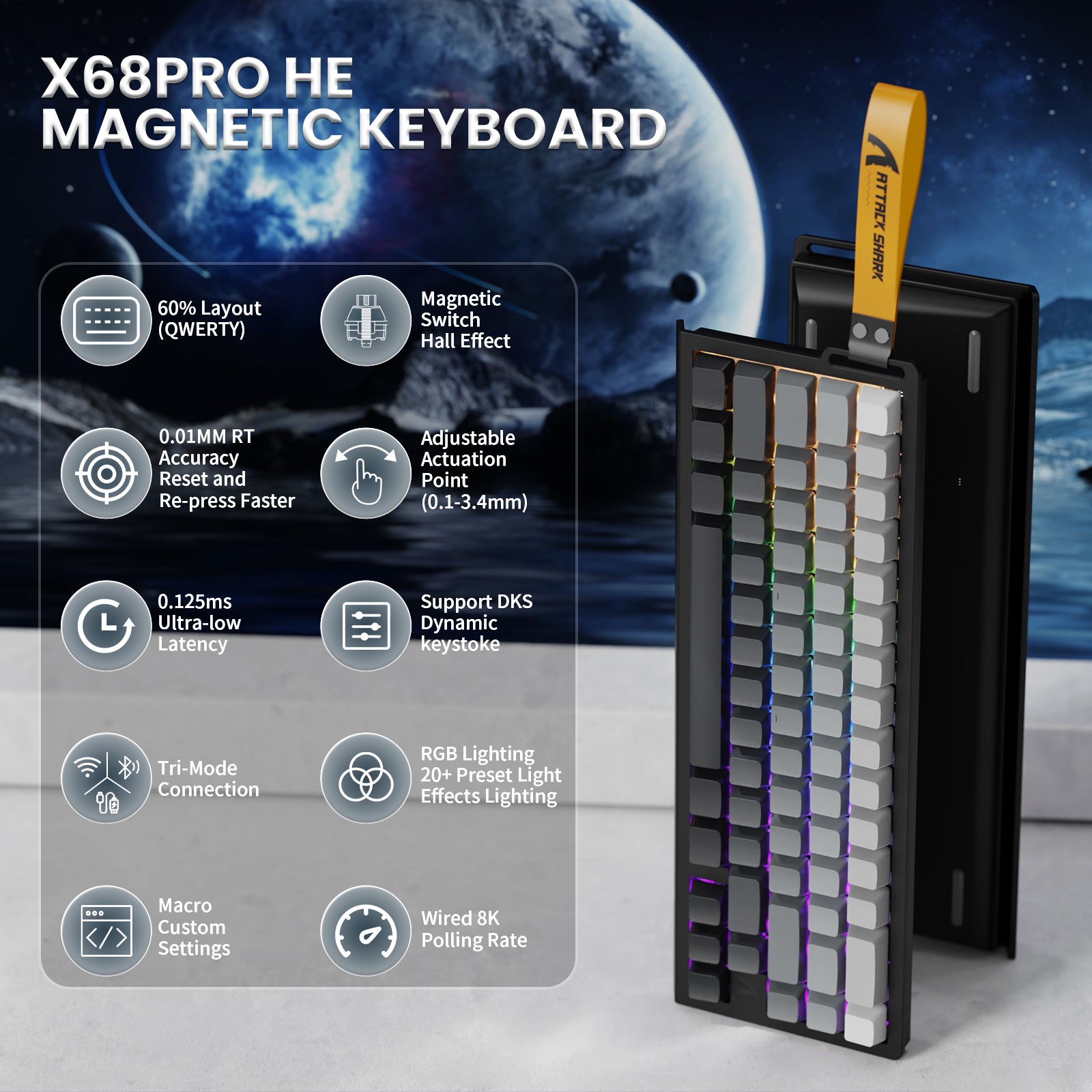 ATTACK SHARK X68PRO HE Kabellose Rapid Trigger-Tastatur mit Spiralkabel
