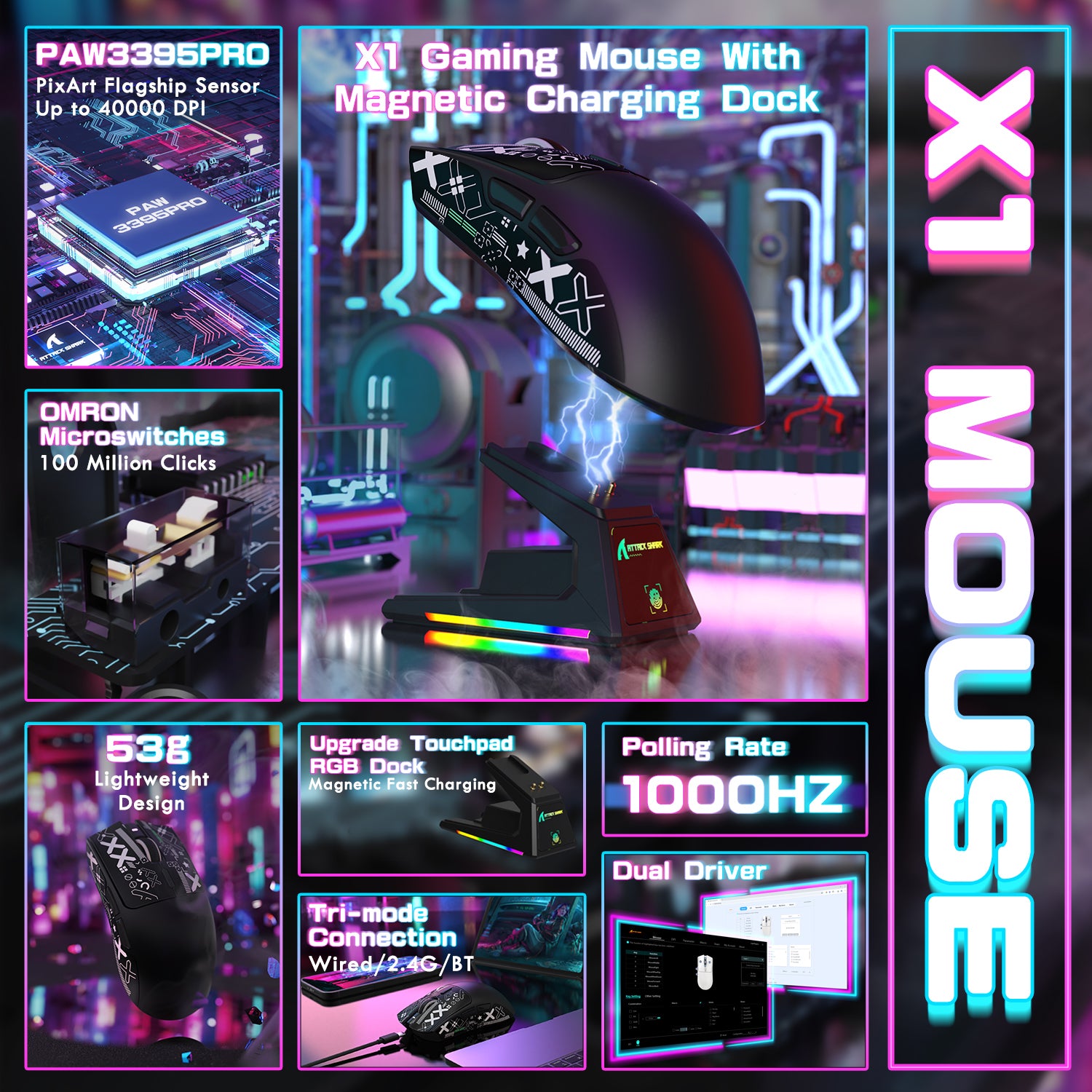 ATTACK SHARK X1 gaming mouse with charging dock, PAW3395 sensor, RGB, tri-mode, touchpad, 1000Hz polling