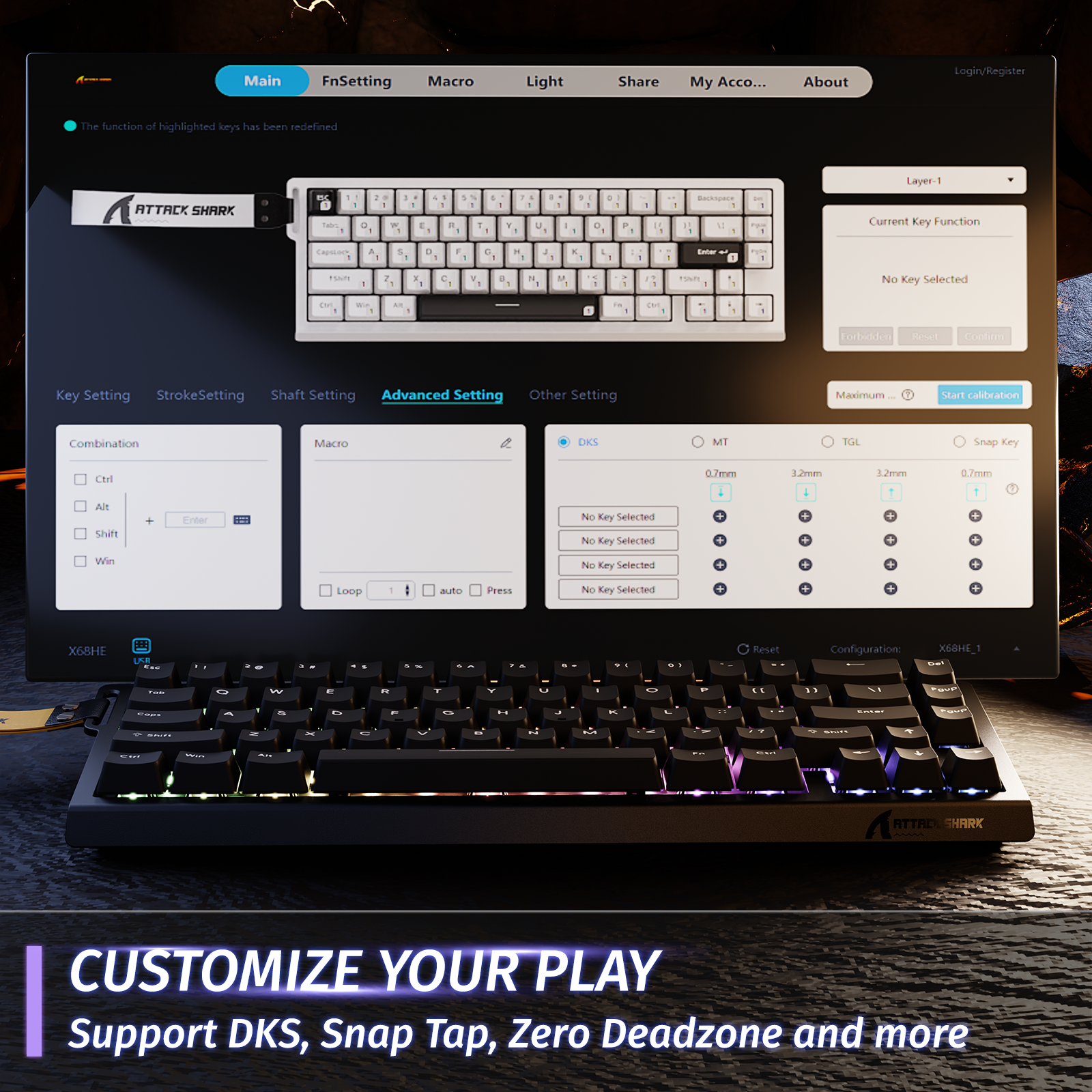 ATTACK SHARK X68 HE keyboard customization settings, showing DKS, Snap Tap, Zero Deadzone, and advanced key settings.