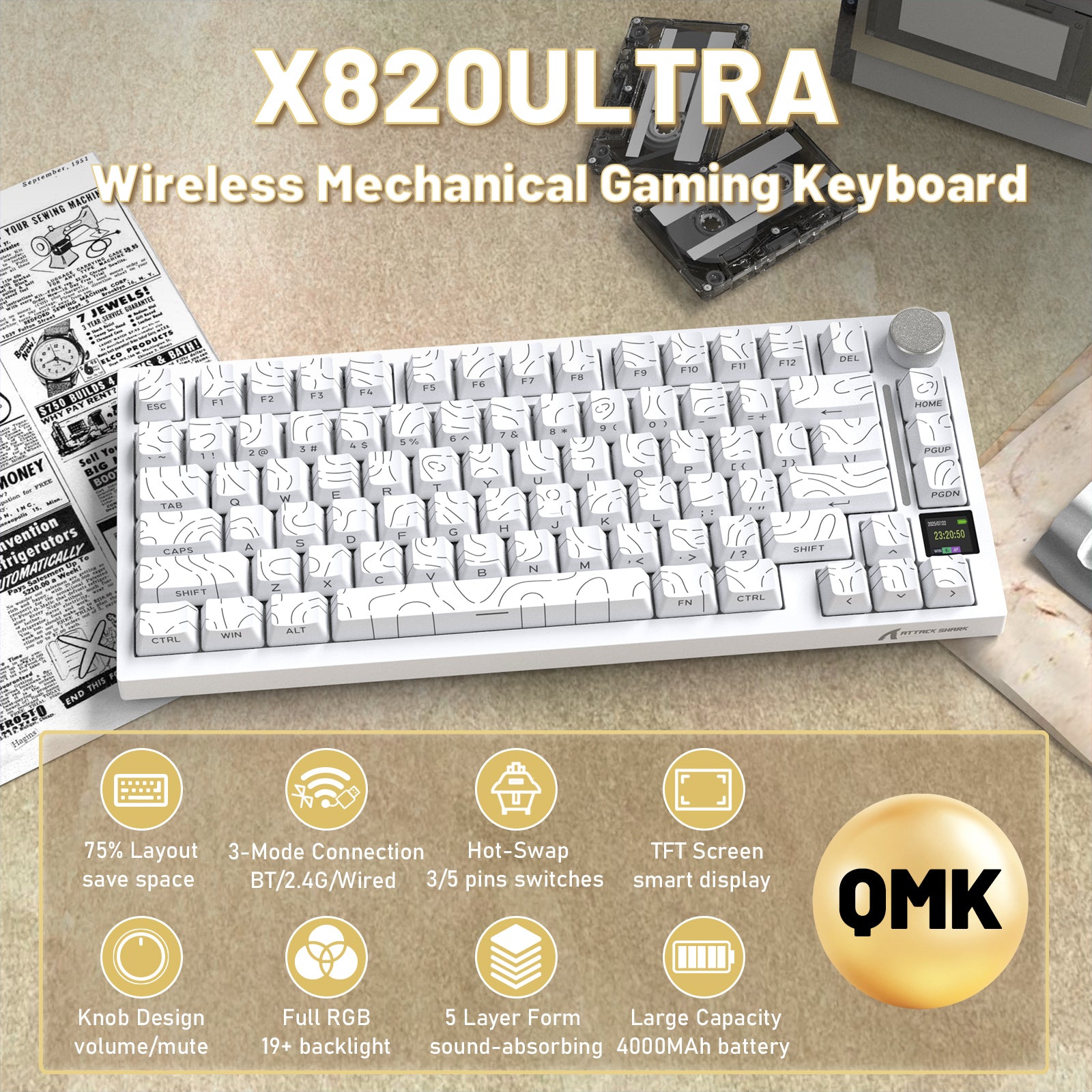 ATTACK SHARK X820ULTRA Mechanical Keyboard with C01ULTRA Coiled Cable