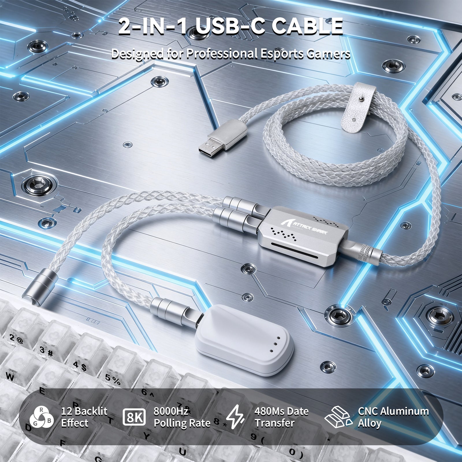 Câble 2-en-1 Type C ATTACK SHARK C07 PRO pour clavier/souris de jeu 8KHz