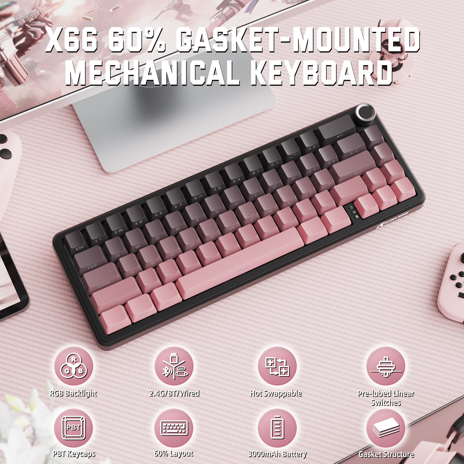 ATTACK SHARK X66 Mechanical Keyboard, 60% compact with pink and gray keycaps, RGB backlight, and hot-swappable keys