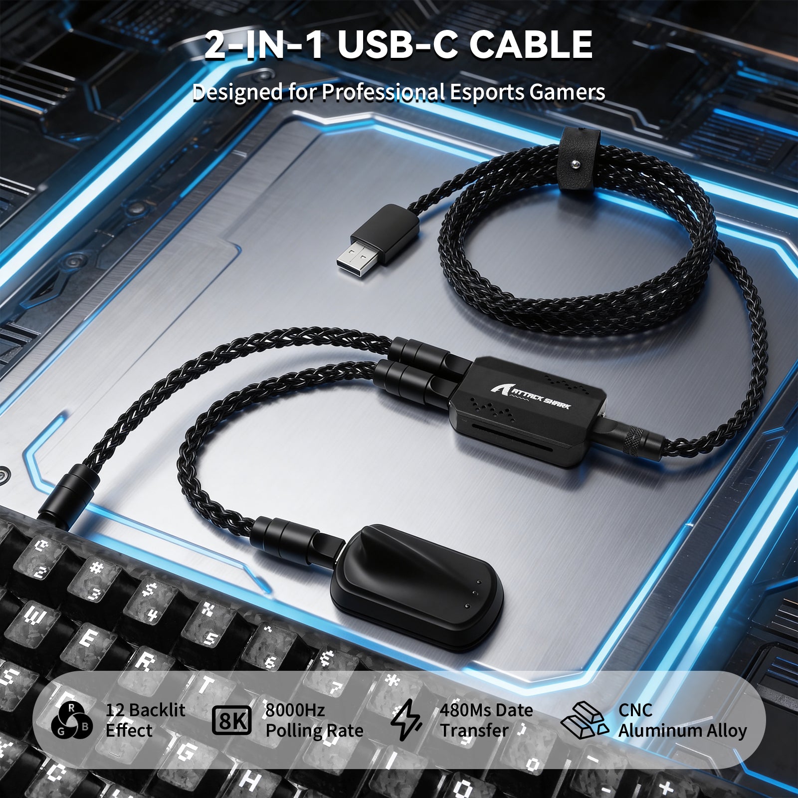 Câble 2-en-1 Type C ATTACK SHARK C07 PRO pour clavier/souris de jeu 8KHz