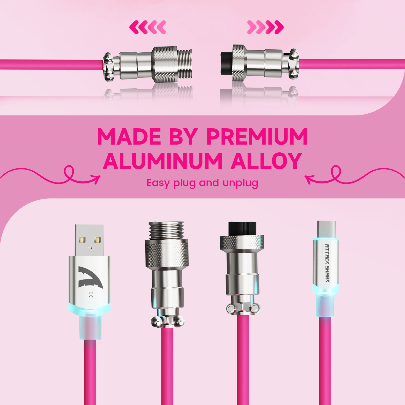ATTACK SHARK pink aviator cable with detachable metal connector and USB-C.