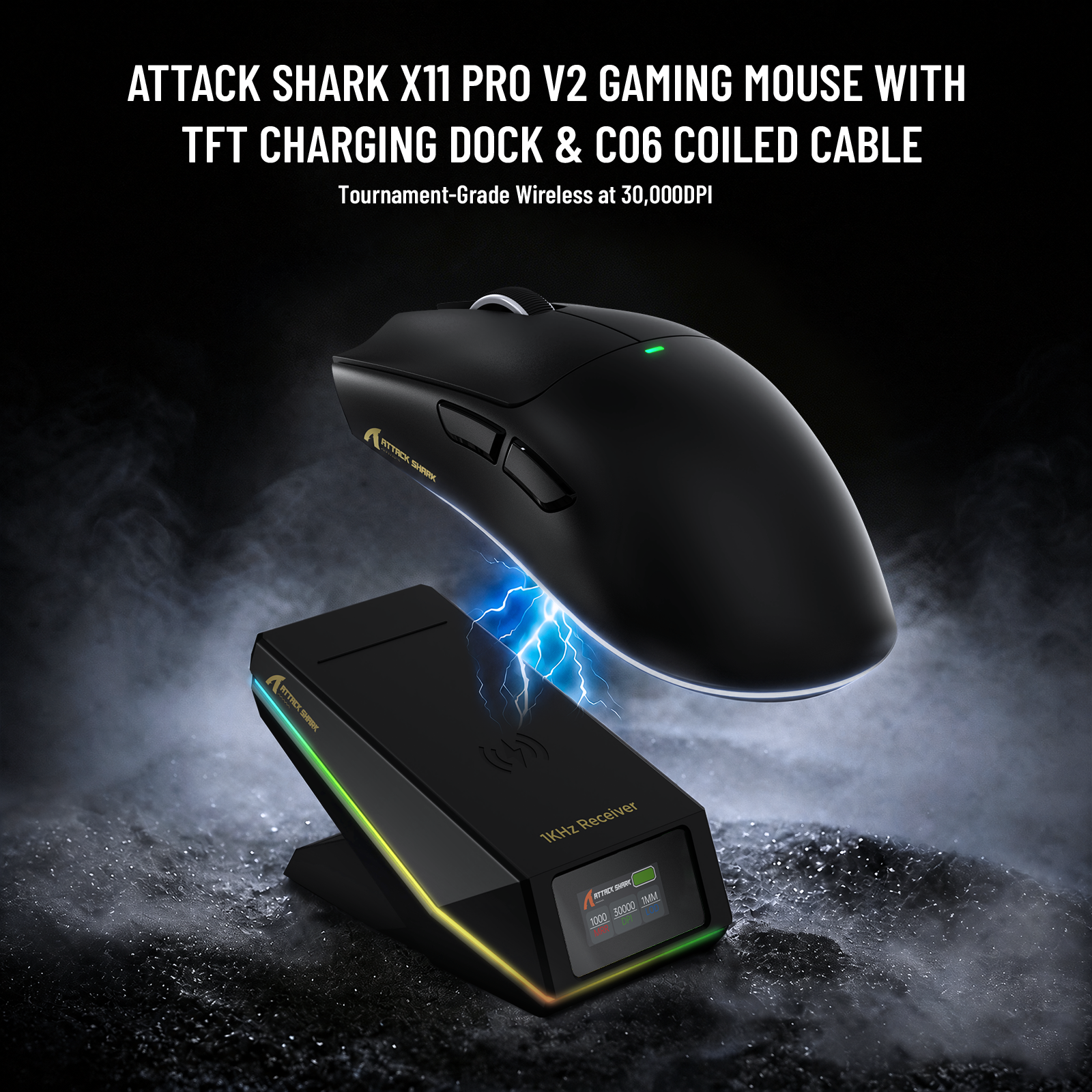 ATTACK SHARK X11 PRO V2 무선 게이밍 마우스 TFT 디스플레이 충전 도크와 C06 코일 케이블 포함