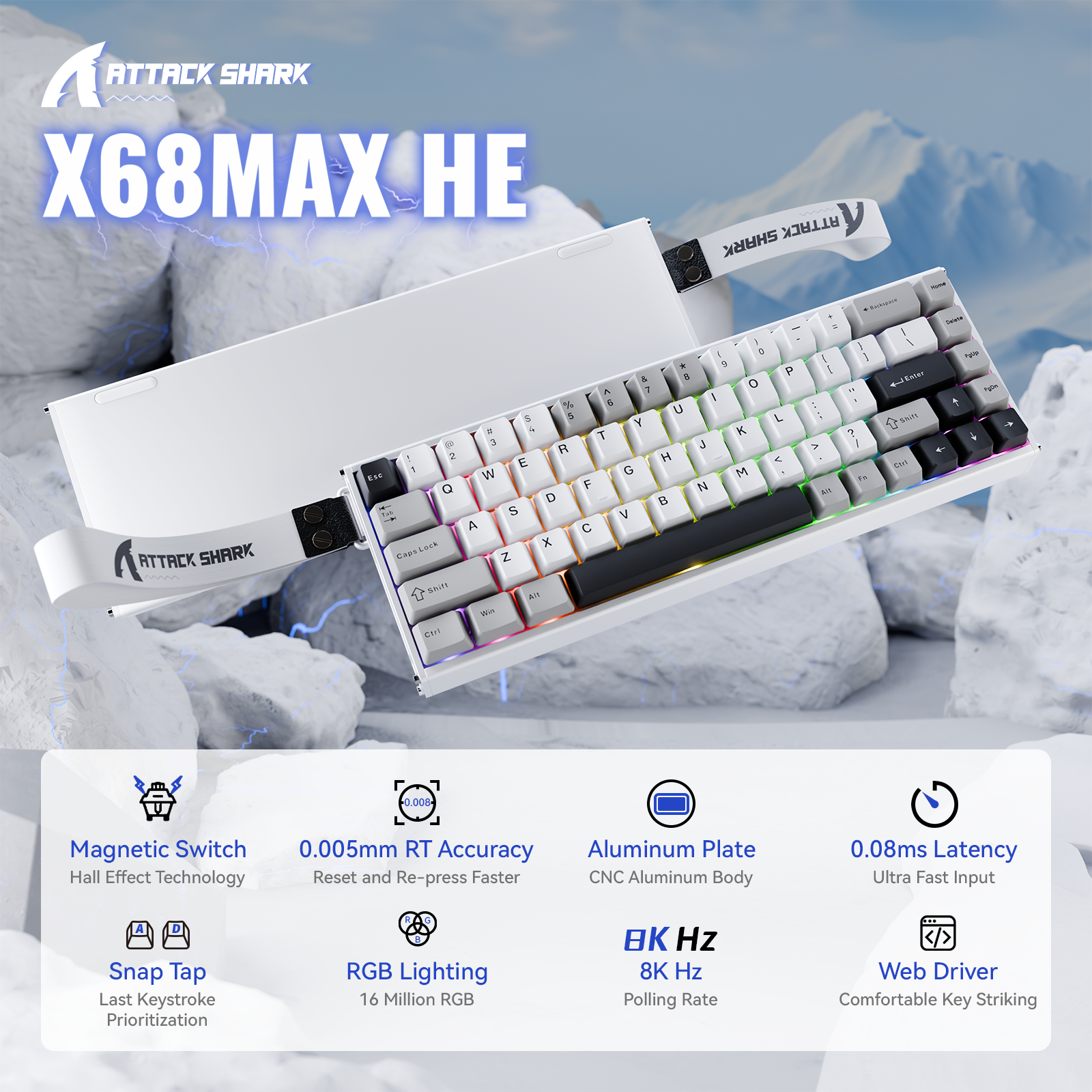 ATTACK SHARK X68MAX HE White 60% Keyboard with Magnetic Switches and RGB Lighting