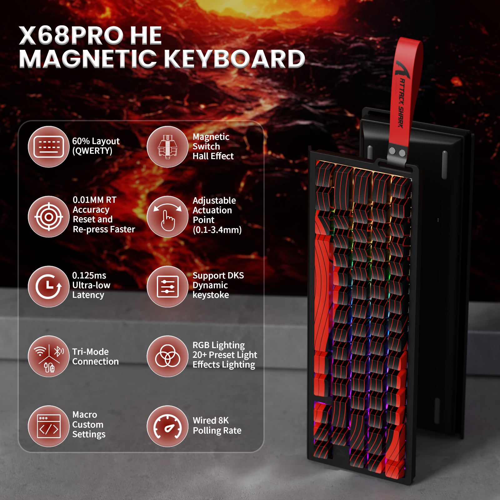 ATTACK SHARK X68PRO HE Kabellose Rapid Trigger-Tastatur mit Spiralkabel
