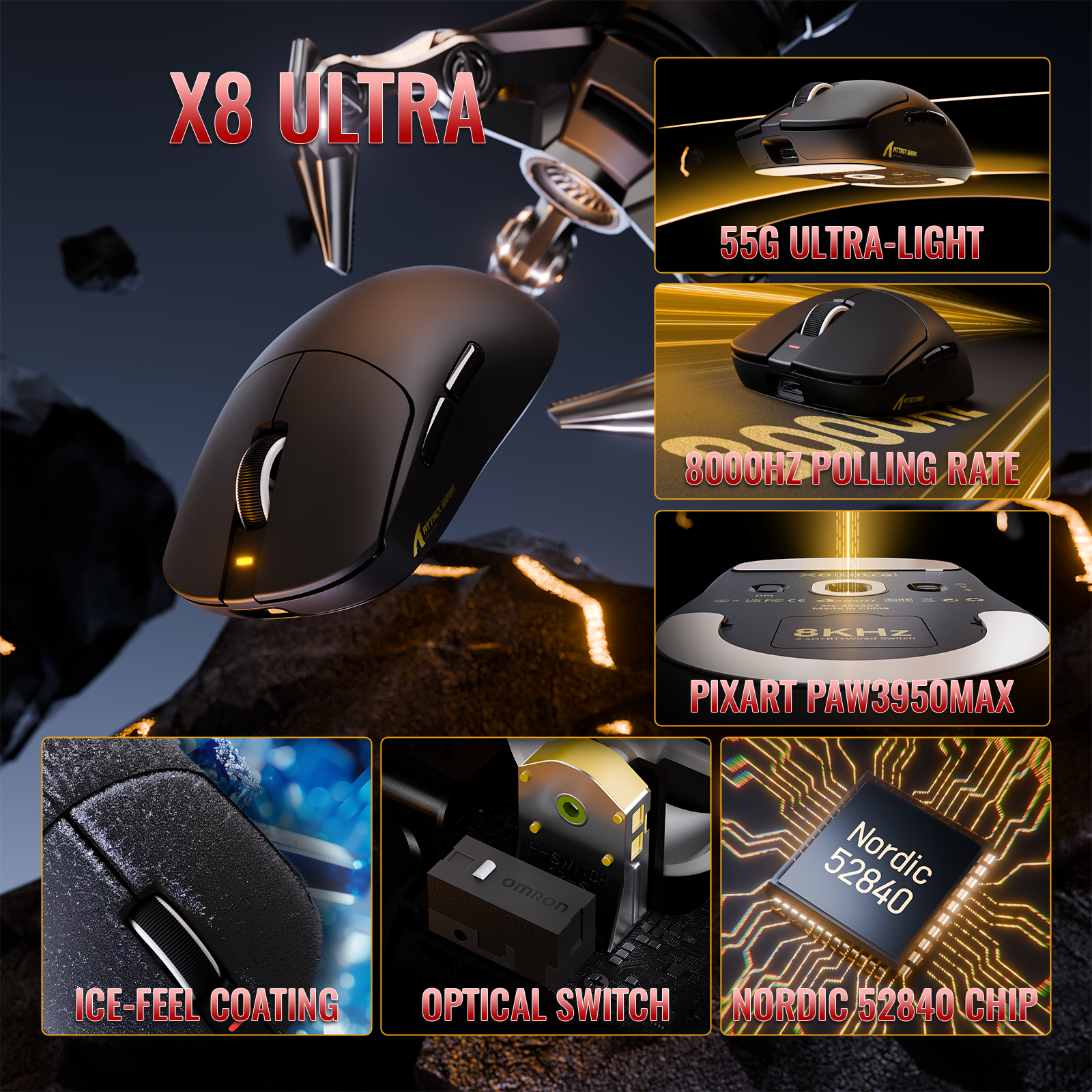 ATTACK SHARK X8 Series Tri-mode Lightweight Wireless Gaming Mouse