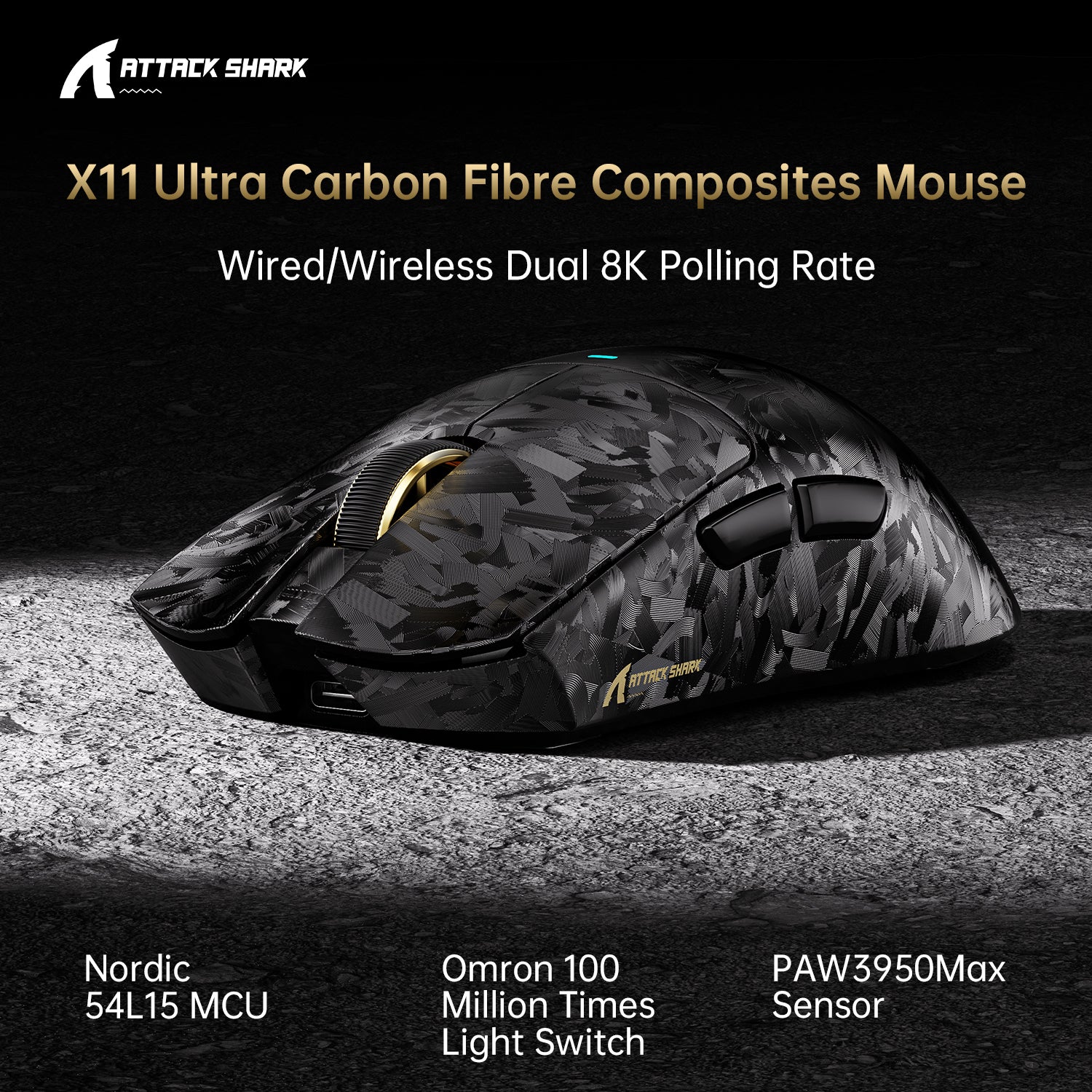 ATTACK SHARK X11 Carbon Fiber 8K gaming mouse with PAW3950MAX sensor