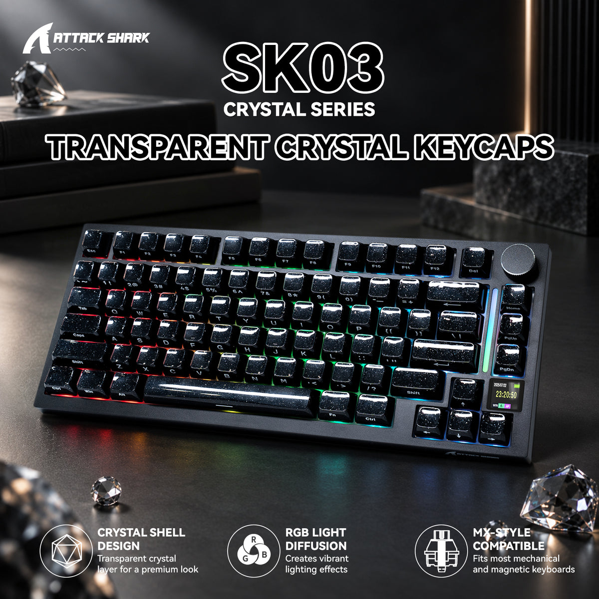 ATTACK SHARK SK03, 136 touches, touches en cristal, profil ASA, ANSI/ISO