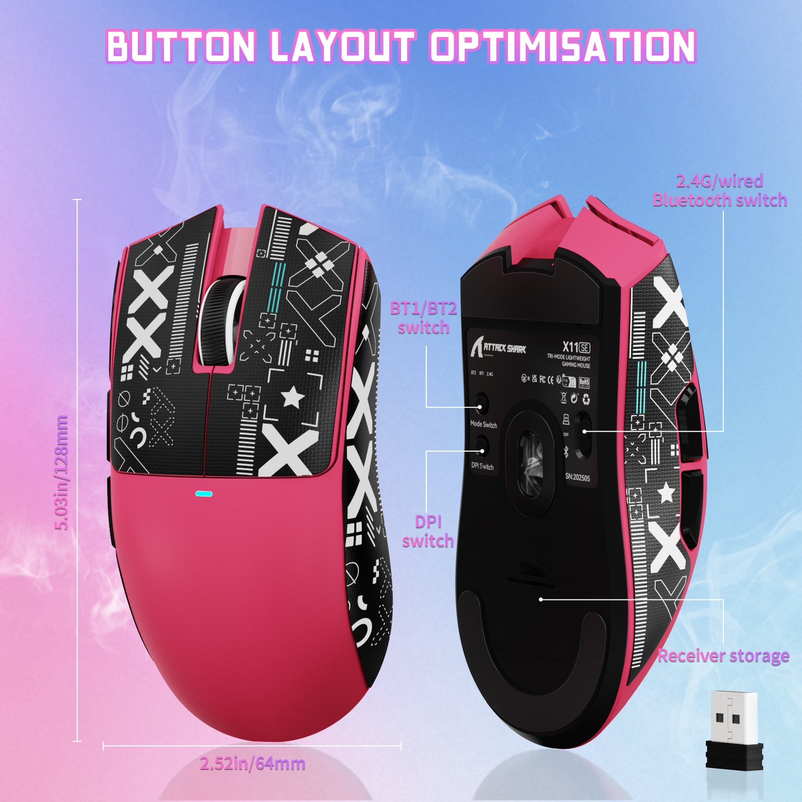 ATTACK SHARK X11SE gaming mouse, pink, black design, button layout with DPI and BT switches, receiver storage.