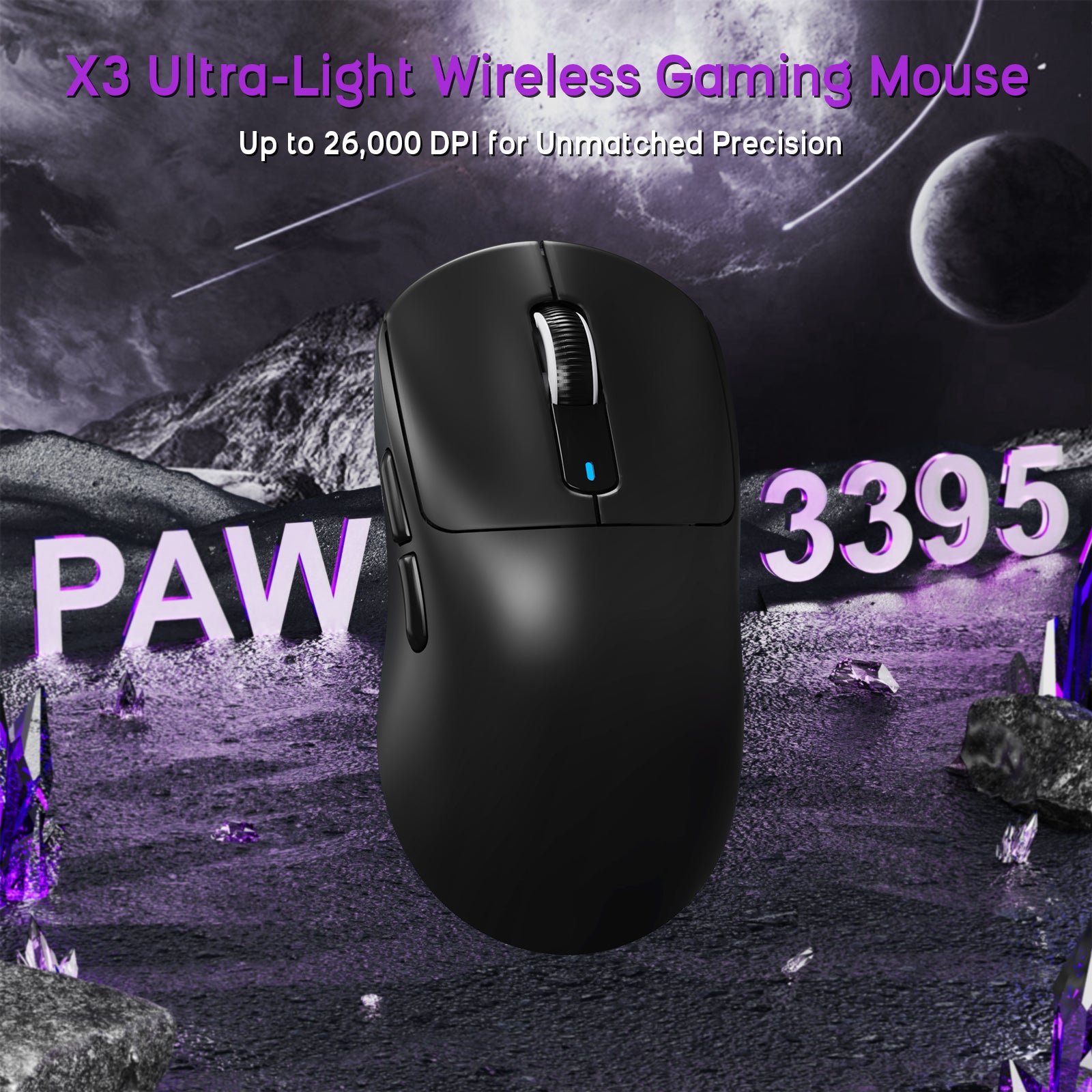 ATTACK SHARK X3 Ultra-Light Wireless Gaming Mouse with 26,000 DPI sensor. Black mouse with PAW3395.