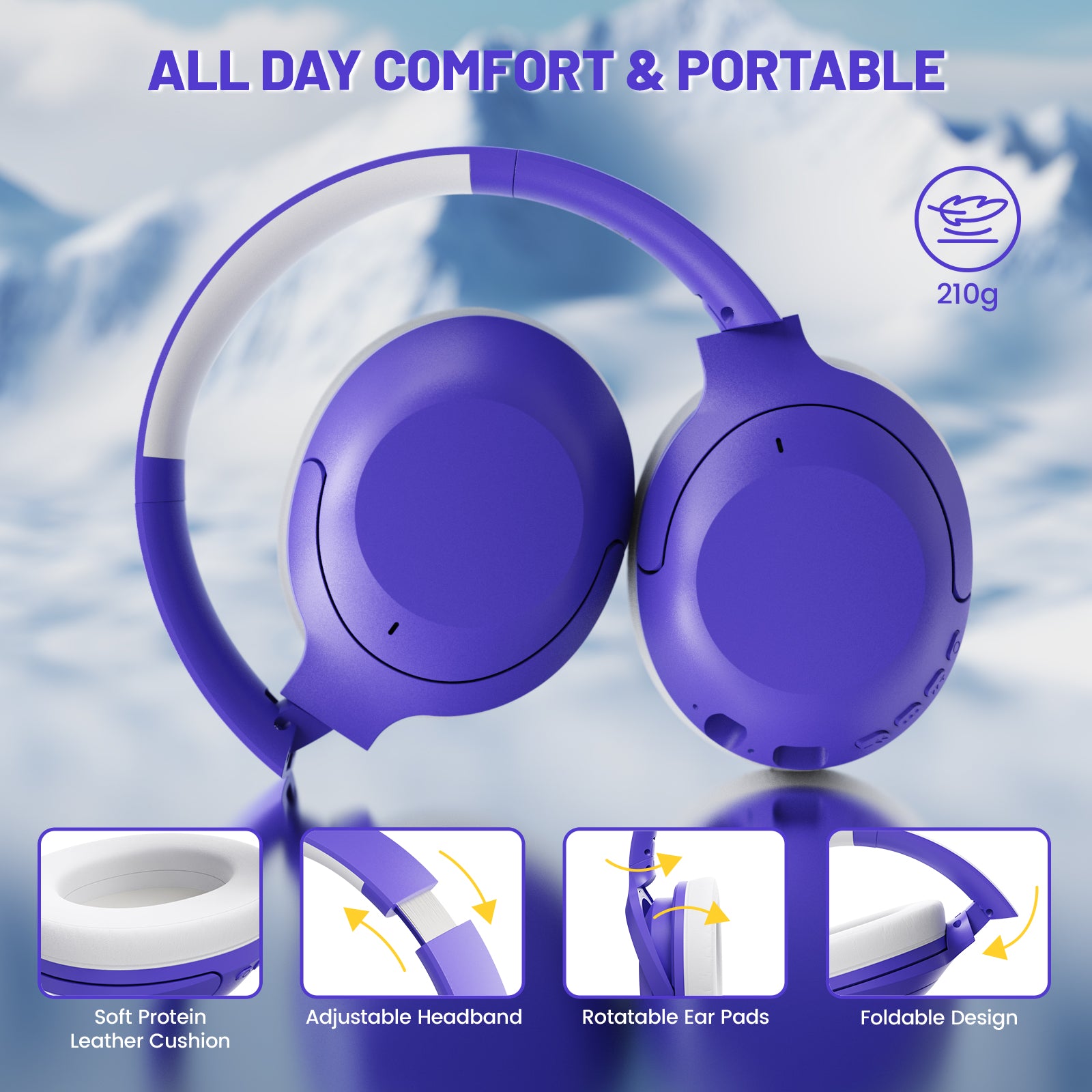 ATTACK SHARK G300 ANC headphones, purple, featuring comfort, lightweight 210g, soft cushion, adjustable, rotatable, foldable.