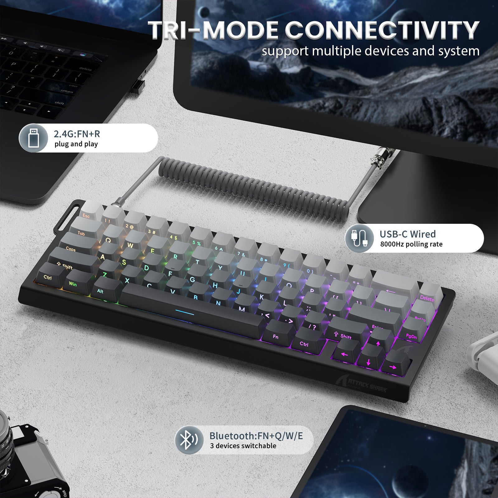 ATTACK SHARK X68PRO HE Kabellose Rapid Trigger-Tastatur mit Spiralkabel