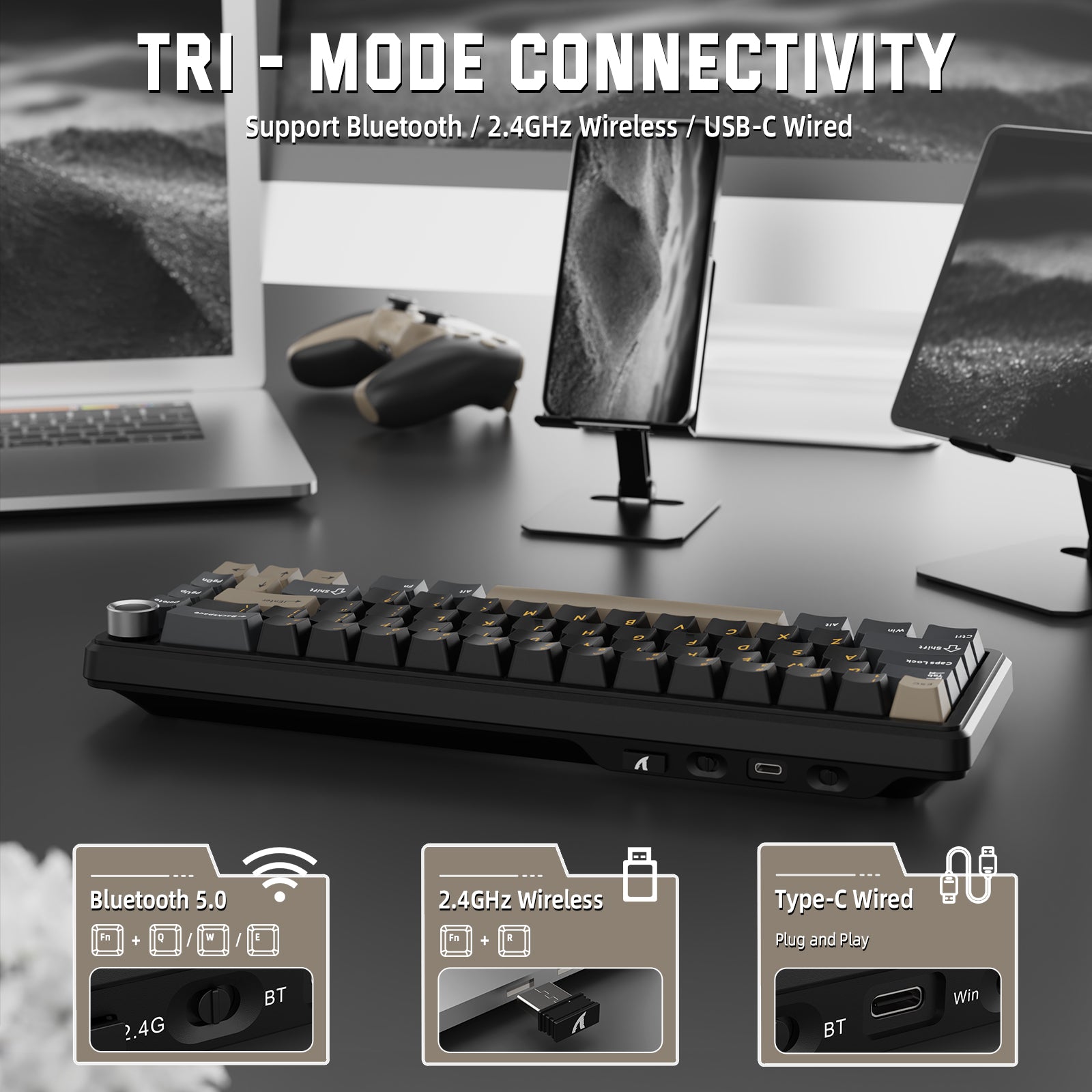 ATTACK SHARK X66 Tri-Mode keyboard: Bluetooth, 2.4G, USB-C. Side-printed PBT keycaps and volume knob. Gaming keyboard