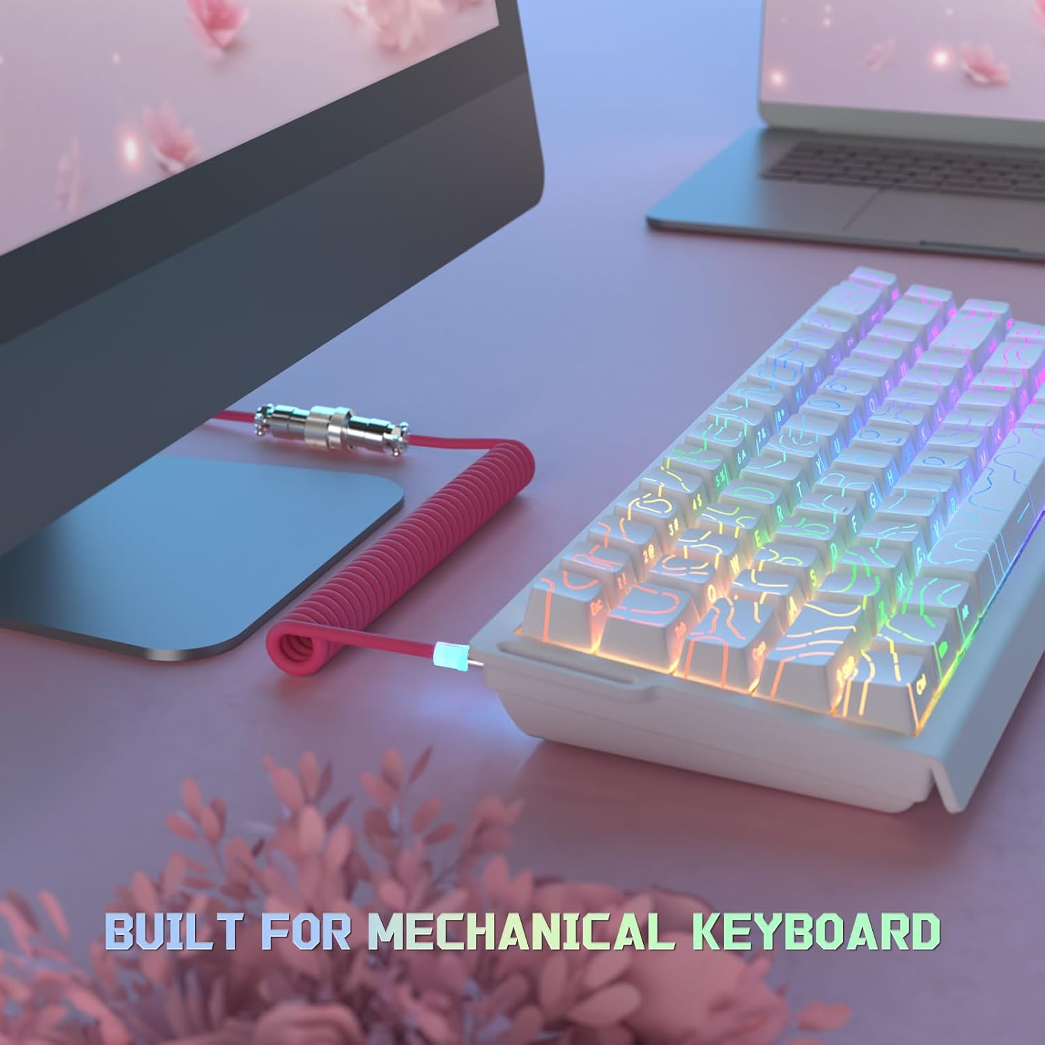 Coiled pink aviator cable connects white RGB mechanical keyboard to computer monitor.