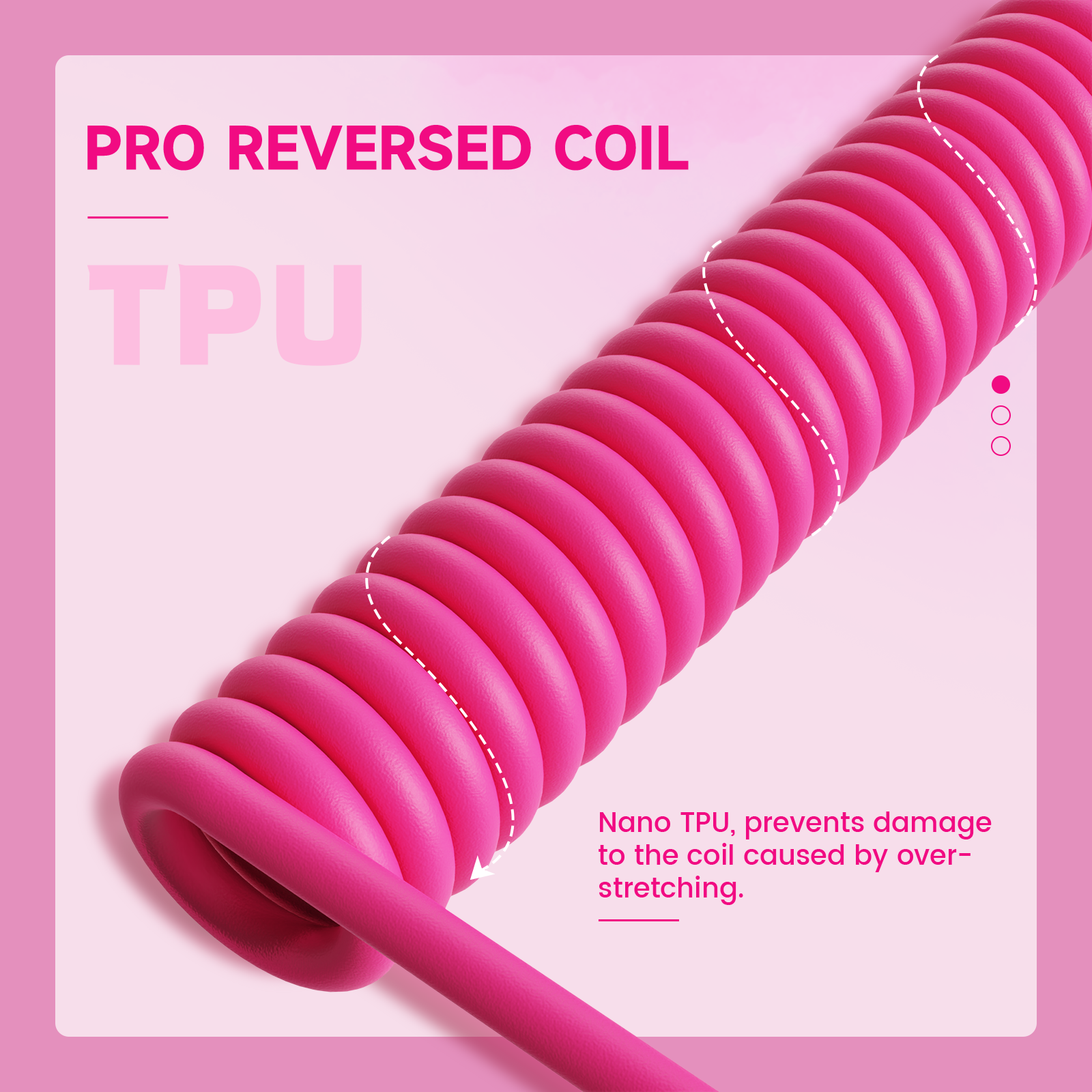 Pink coiled aviator cable made of durable TPU with text 'PRO REVERSED COIL' and 'TPU'.